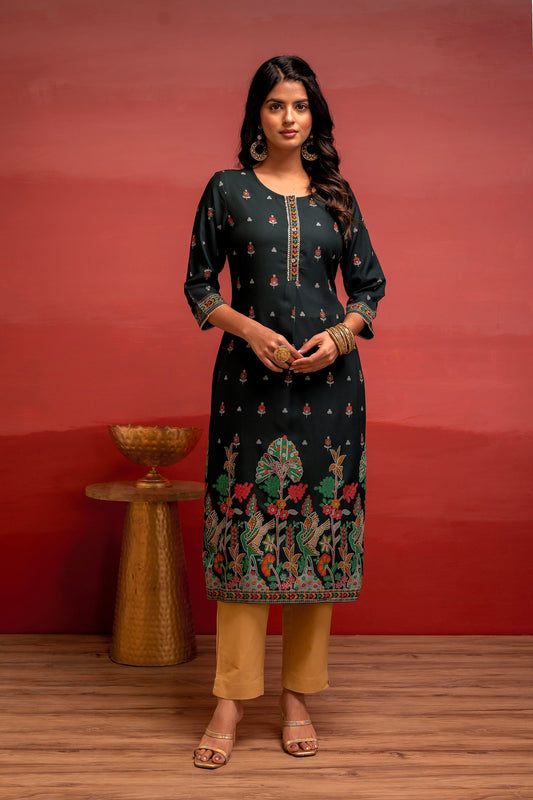 Juniper Dark Green Festive Straight Kurta With Heritage Motifs