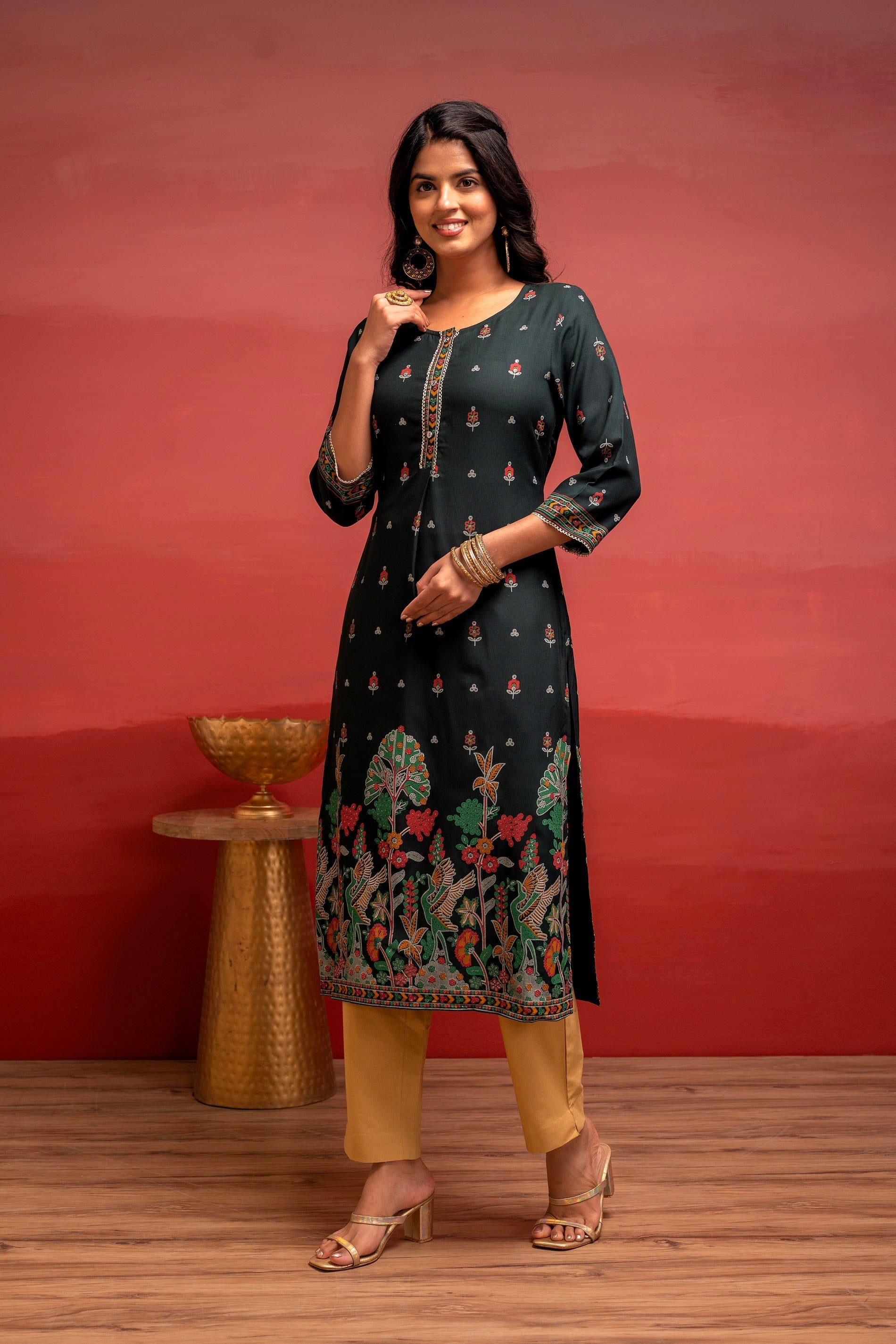 Juniper Dark Green Festive Straight Kurta With Heritage Motifs