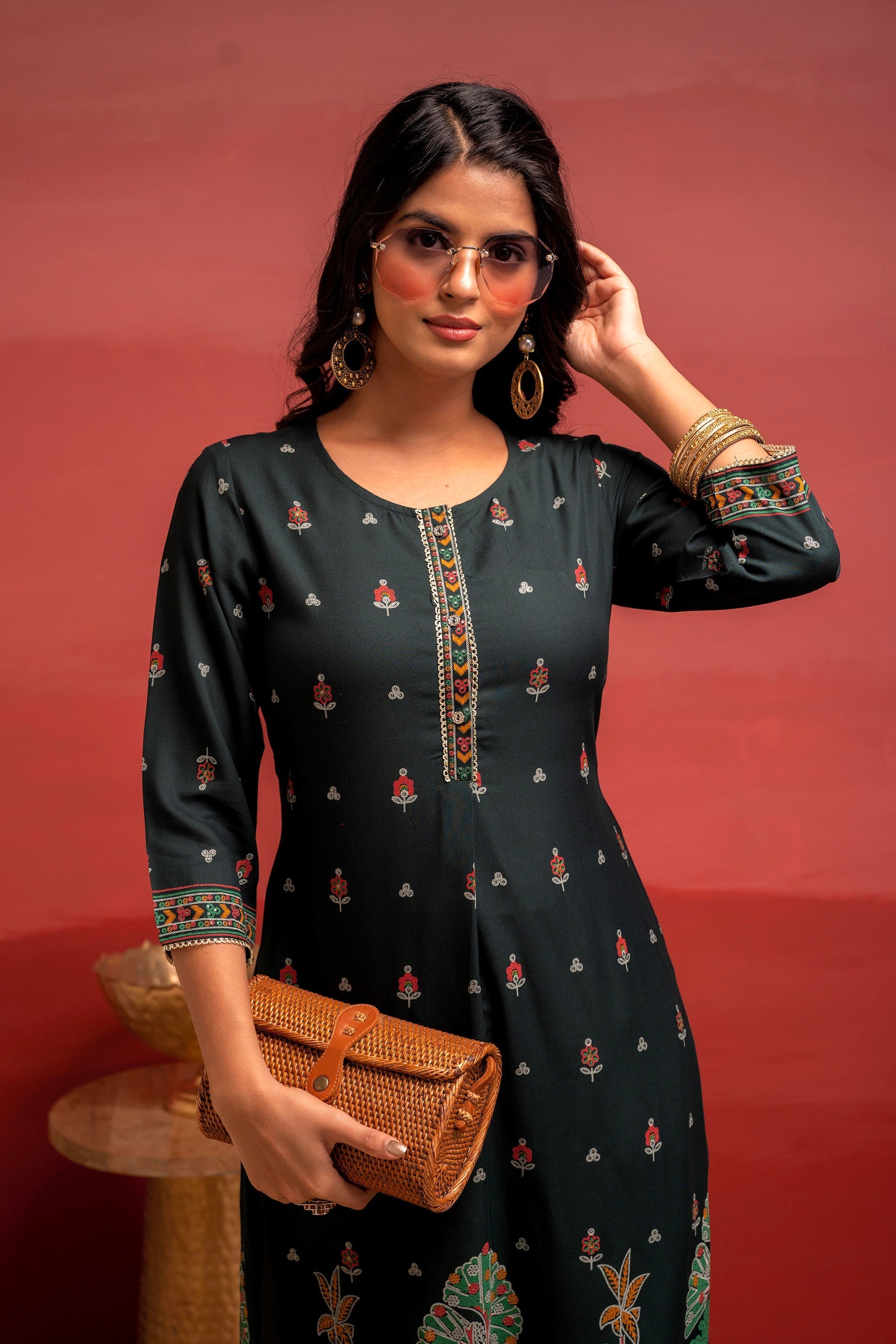 Juniper Dark Green Festive Straight Kurta With Heritage Motifs