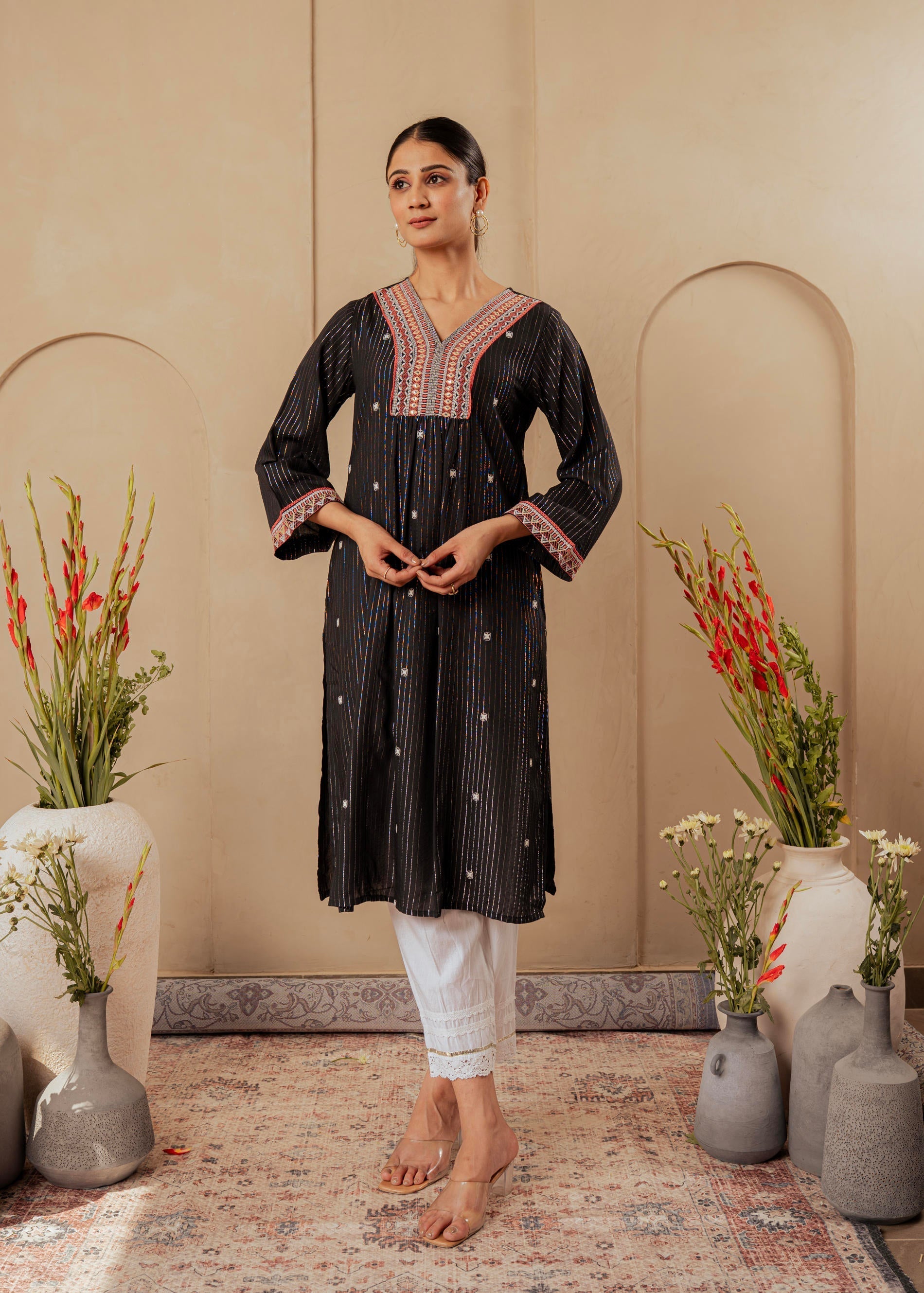 Juniper Black Striped Viscose Kurta With Embroidered Thread Work And Mirror Detailing | Grab2Buy