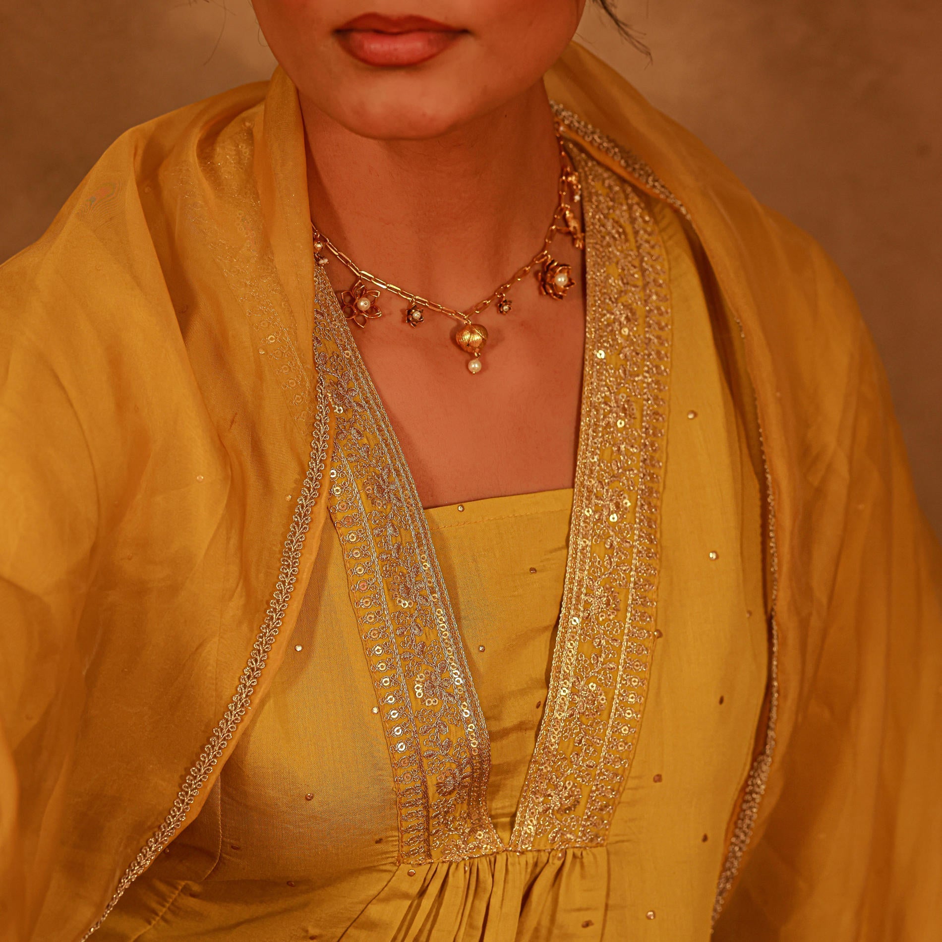 Juniper Yellow Viscose Flared Kurta Pant And Dupatta Set With Zari, Sequin & Lace Work