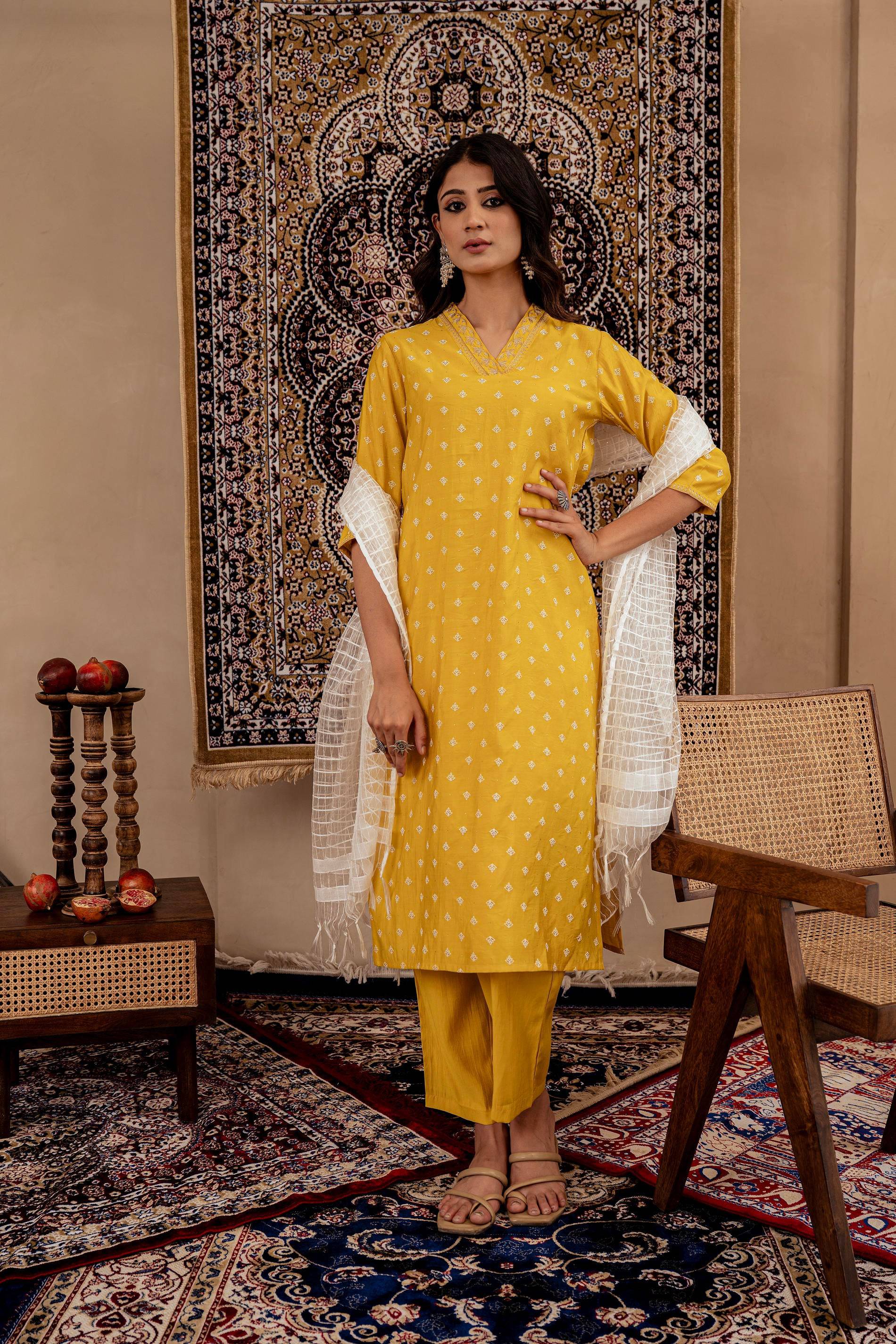 Juniper Mustard Solid Man Made Fiber Kurta, Pant & Dupatta Set With Thread Work