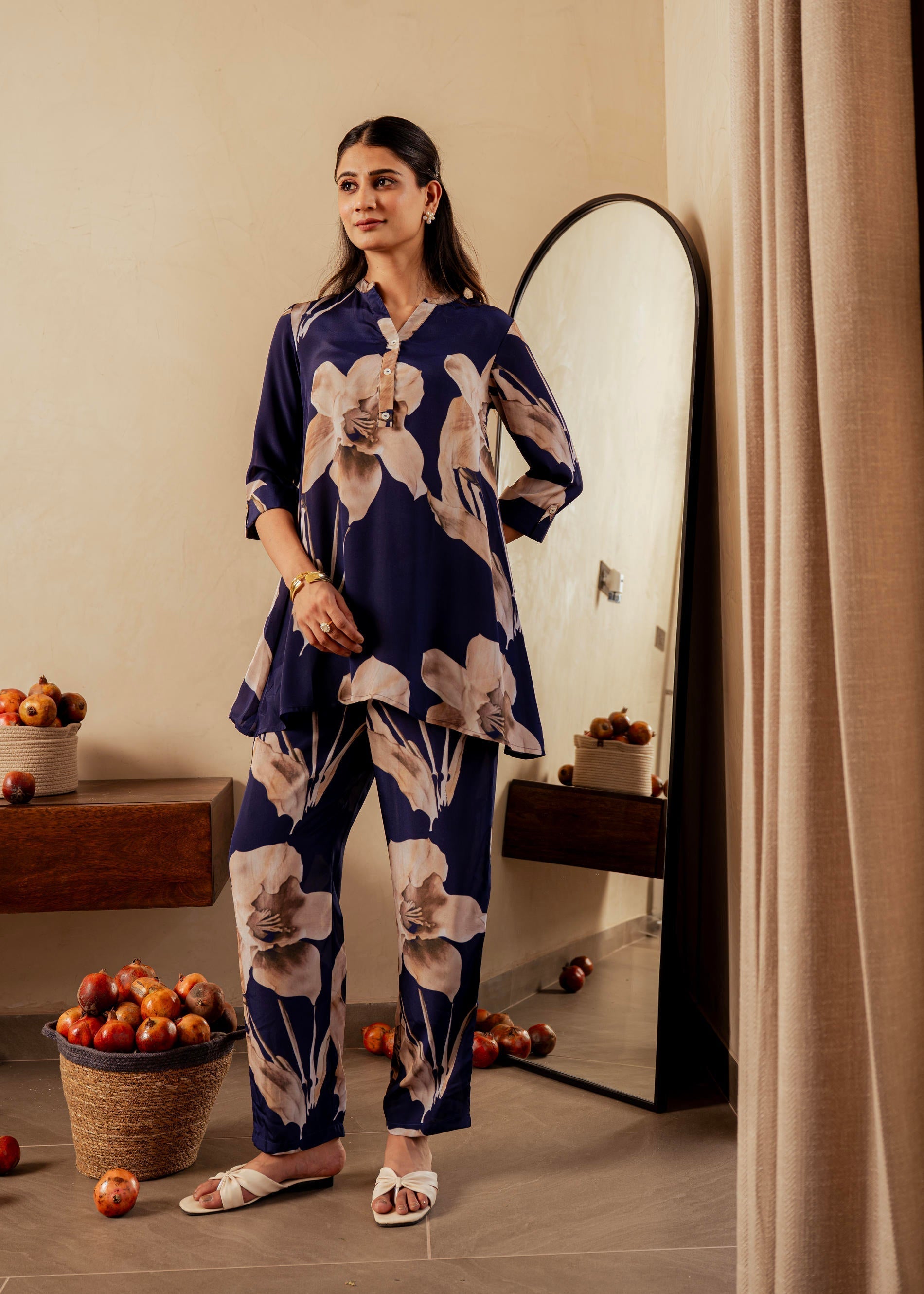 Juniper Navy Floral Printed Poly Tunic And Solid Pants Co-Ord Set With Button Detailing 