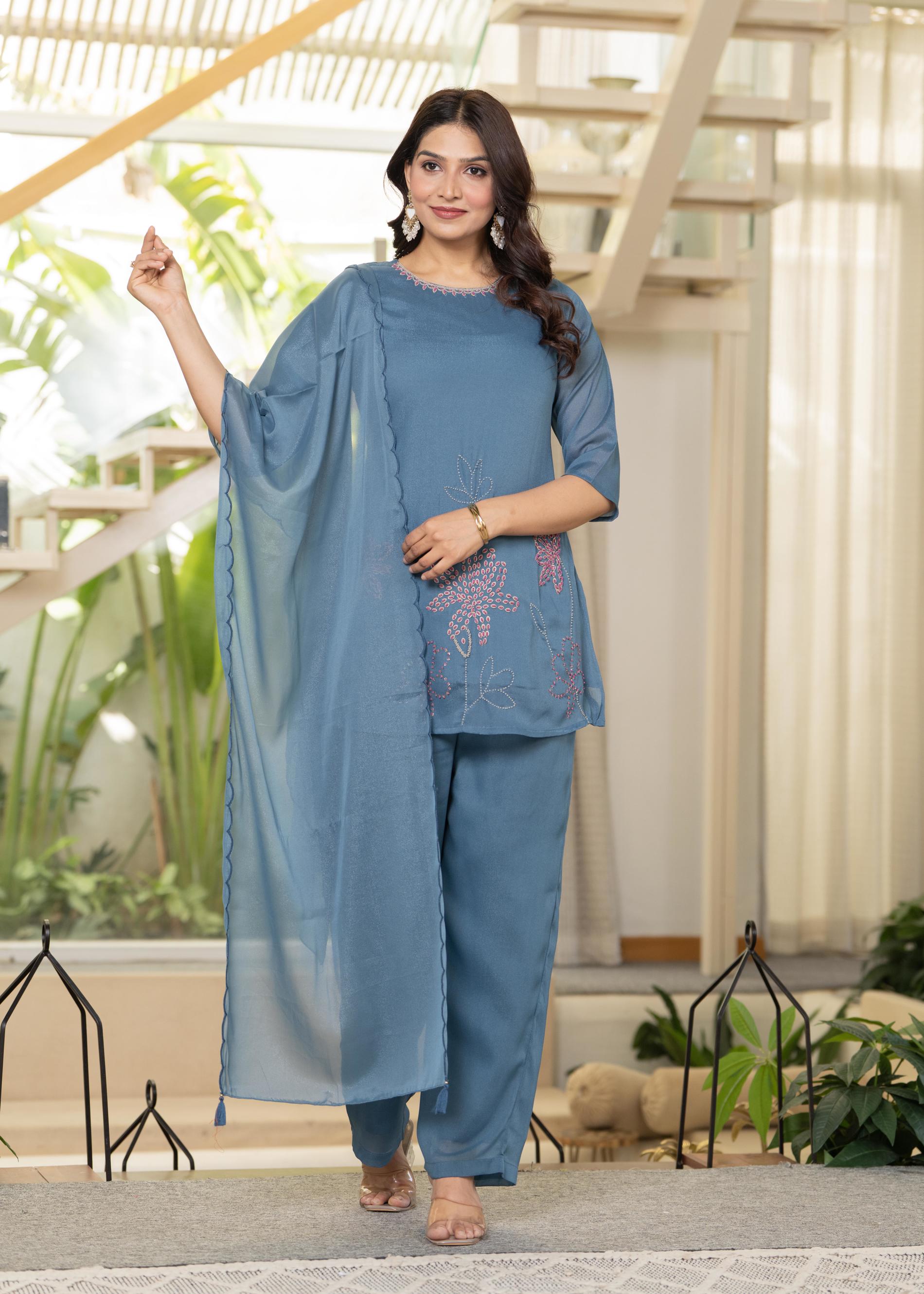 Juniper Blue Solid Man Made Fiber Kurta Pant Dupatta Set With Beads And Telesales Work