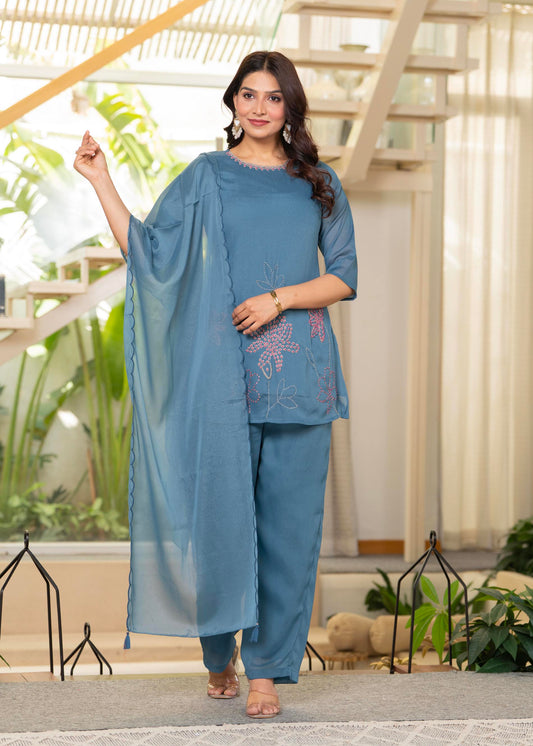 Juniper Blue Solid Man Made Fiber Kurta Pant Dupatta Set With Beads And Telesales Work