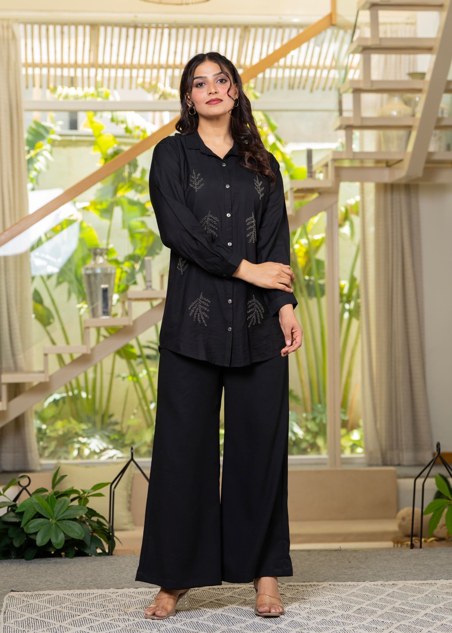 Juniper Black Solid Viscose Shirt With Beads Work