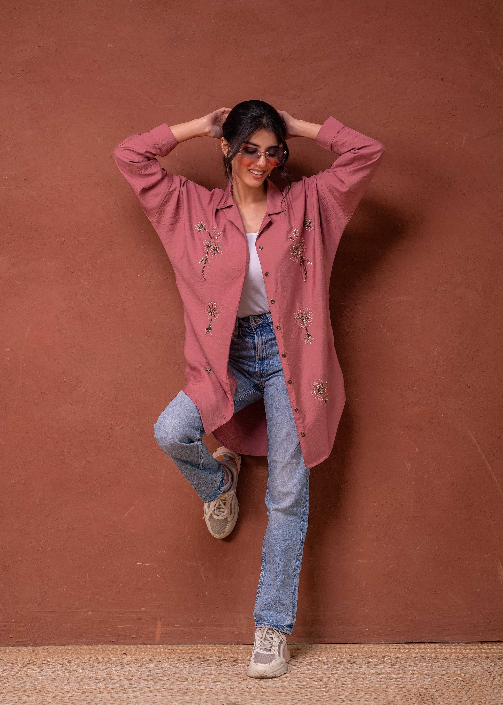 Juniper Viscose Dusty Pink Embellished Shirt With Sequin & Bead Details