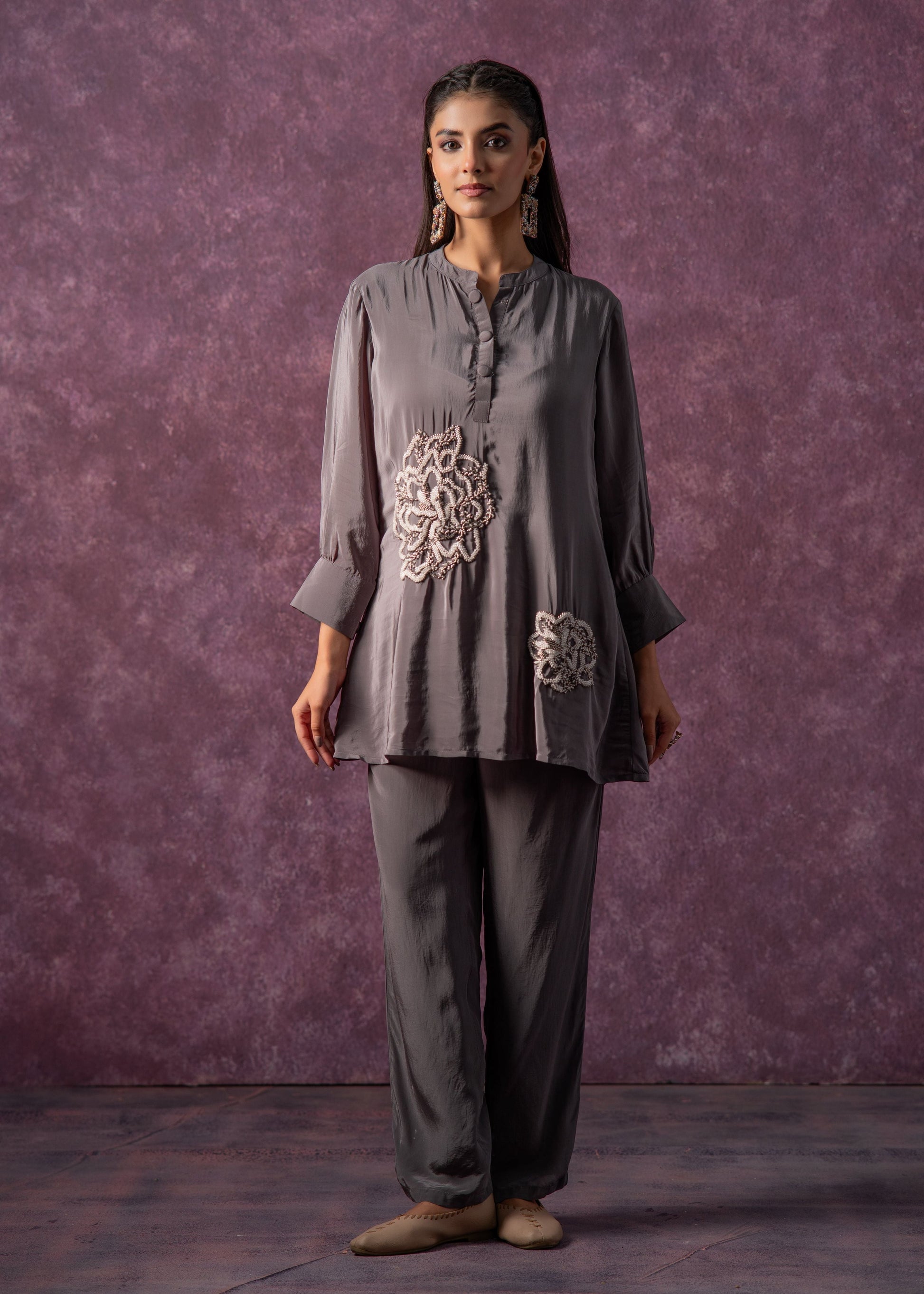 Juniper Viscose Grey Embellished Tunic And Pant Co-Ord Set With Bead Details 