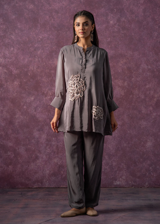 Juniper Viscose Grey Embellished Tunic And Pant Co-Ord Set With Bead Details 