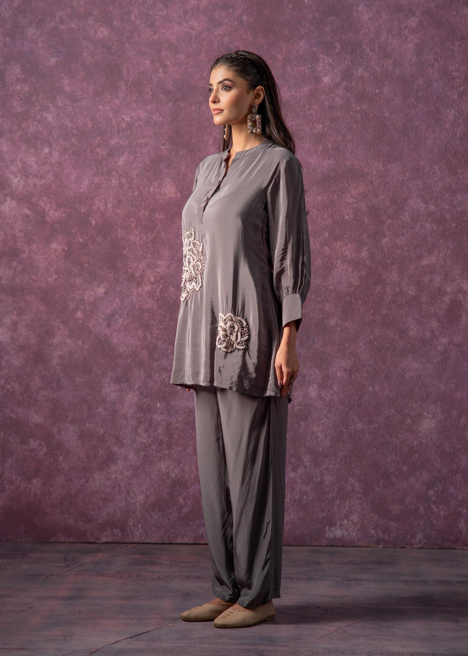 Juniper Viscose Grey Embellished Tunic And Pant Co-Ord Set With Bead Details 