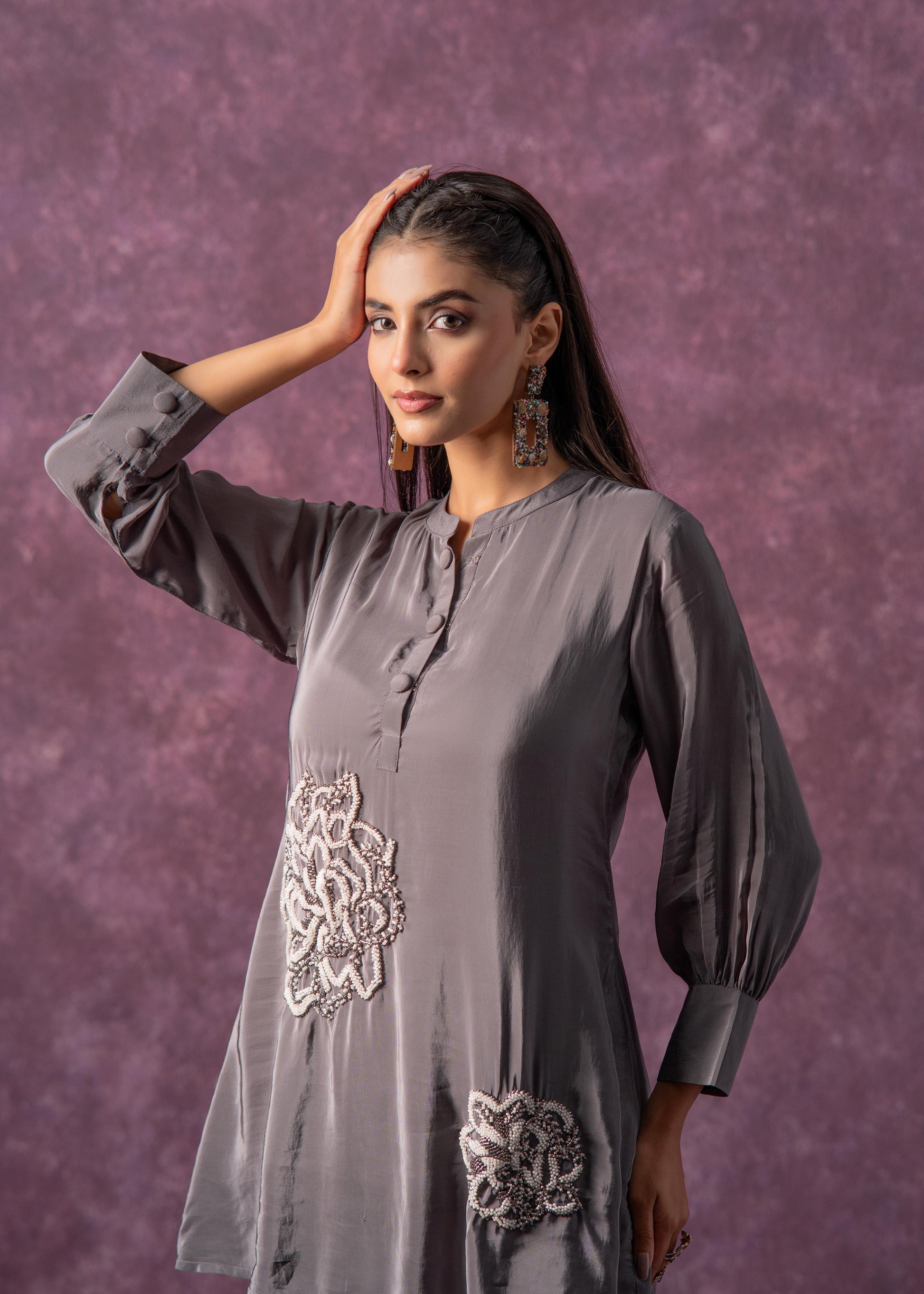 Juniper Viscose Grey Embellished Tunic And Pant Co-Ord Set With Bead Details 