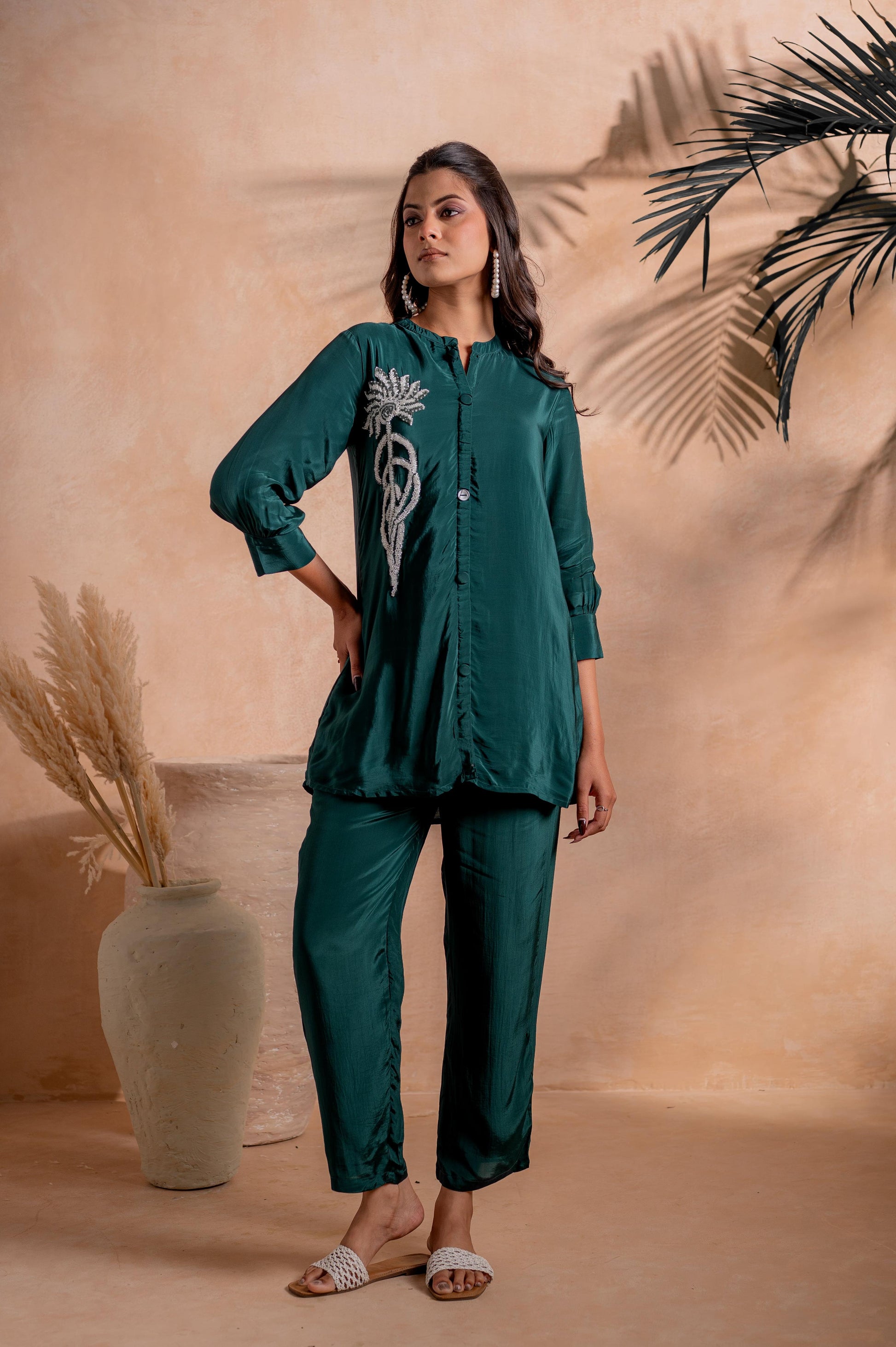 Juniper Bottle Green Embellished Viscose Co-Ord Set With Bead Detailing 