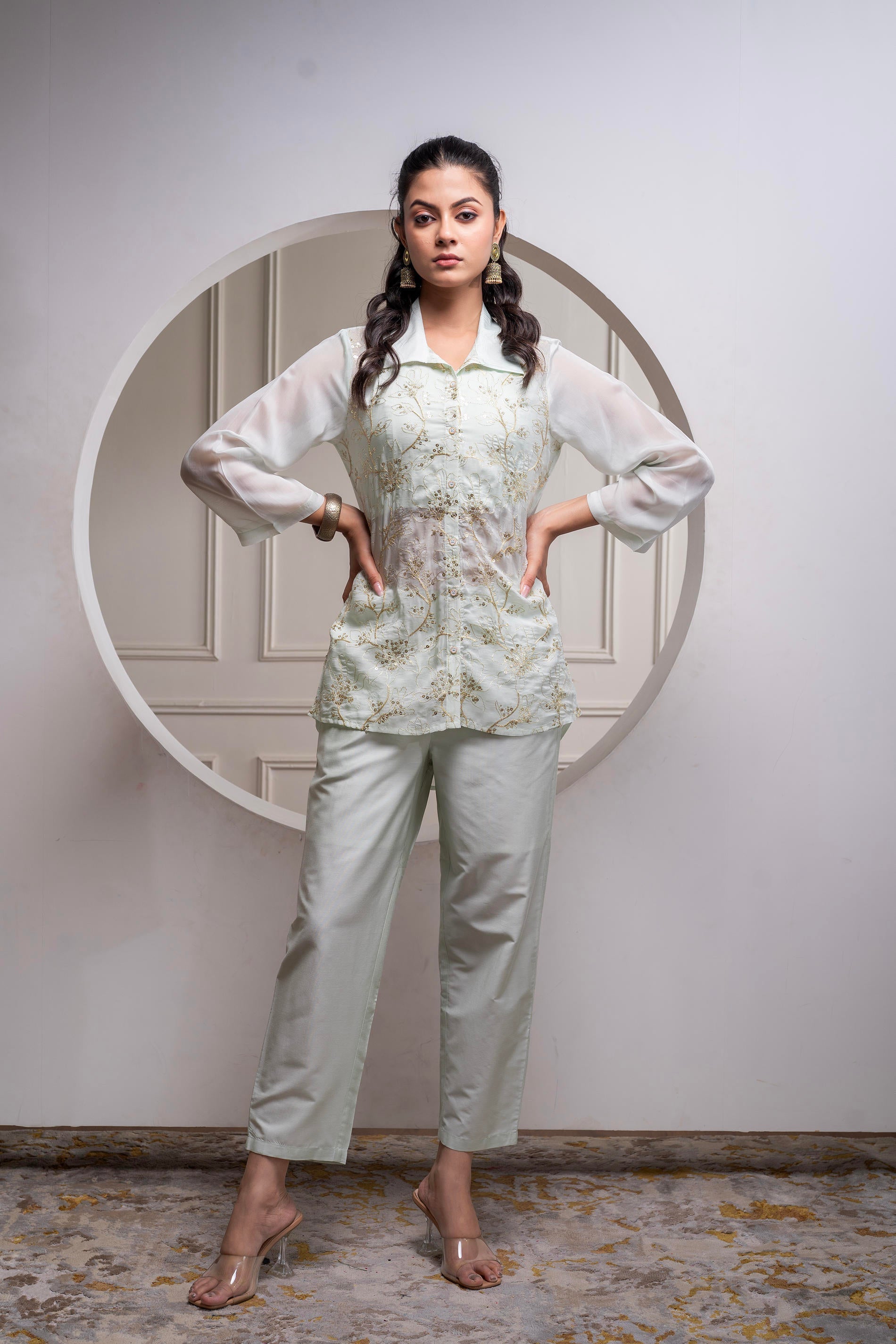 Juniper Mintgreen Solid Viscose Shirt, Cami And Pant Co-Ord Set With Sequence And Zari Work