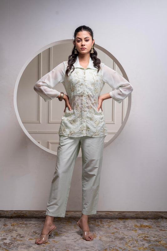 Juniper Mintgreen Solid Viscose Shirt, Cami And Pant Co-Ord Set With Sequence And Zari Work