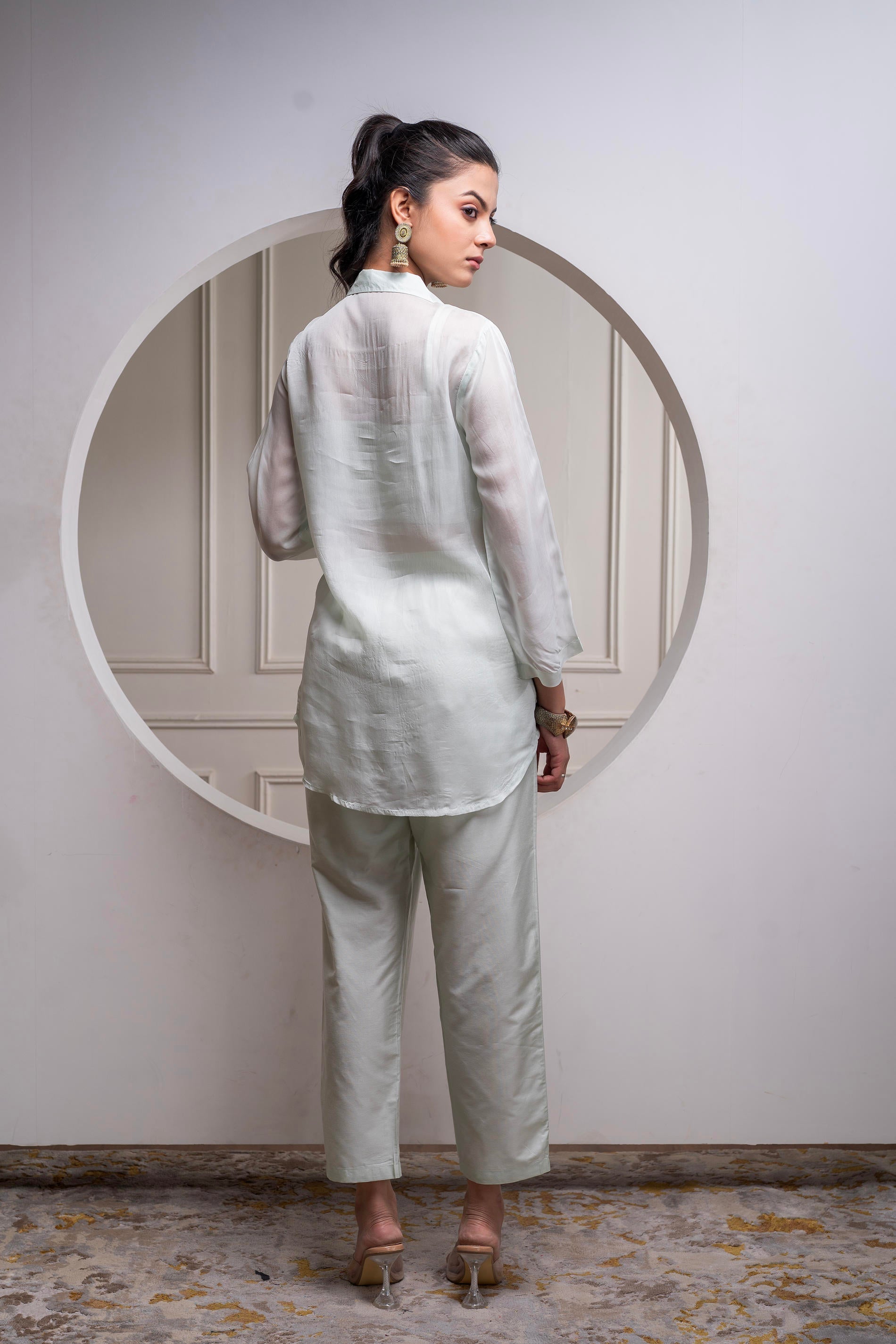 Juniper Mintgreen Solid Viscose Shirt, Cami And Pant Co-Ord Set With Sequence And Zari Work
