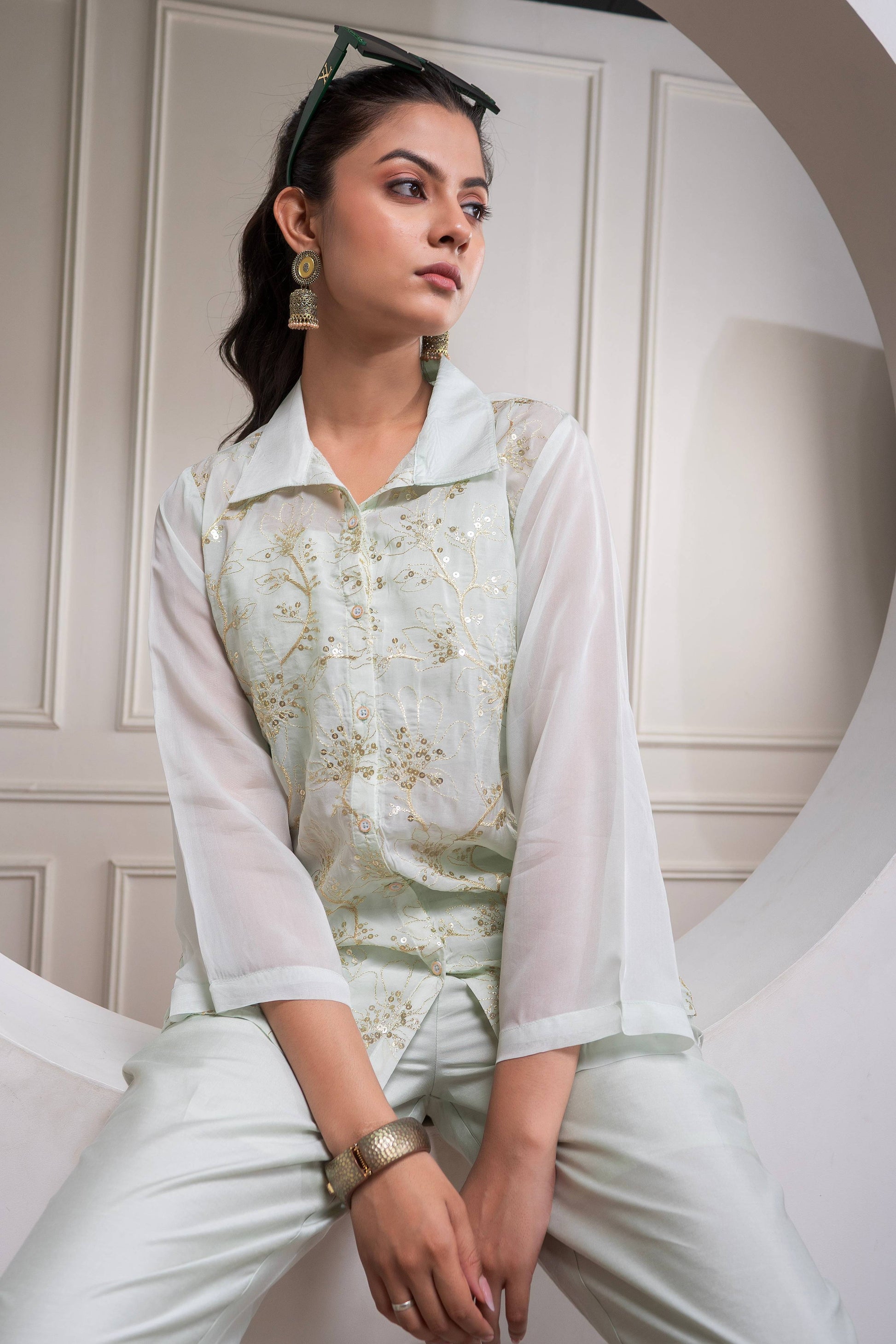 Juniper Mintgreen Solid Viscose Shirt, Cami And Pant Co-Ord Set With Sequence And Zari Work