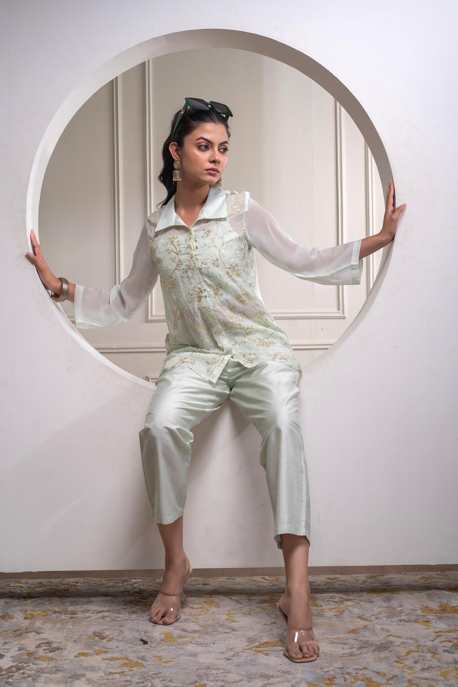 Juniper Mintgreen Solid Viscose Shirt, Cami And Pant Co-Ord Set With Sequence And Zari Work