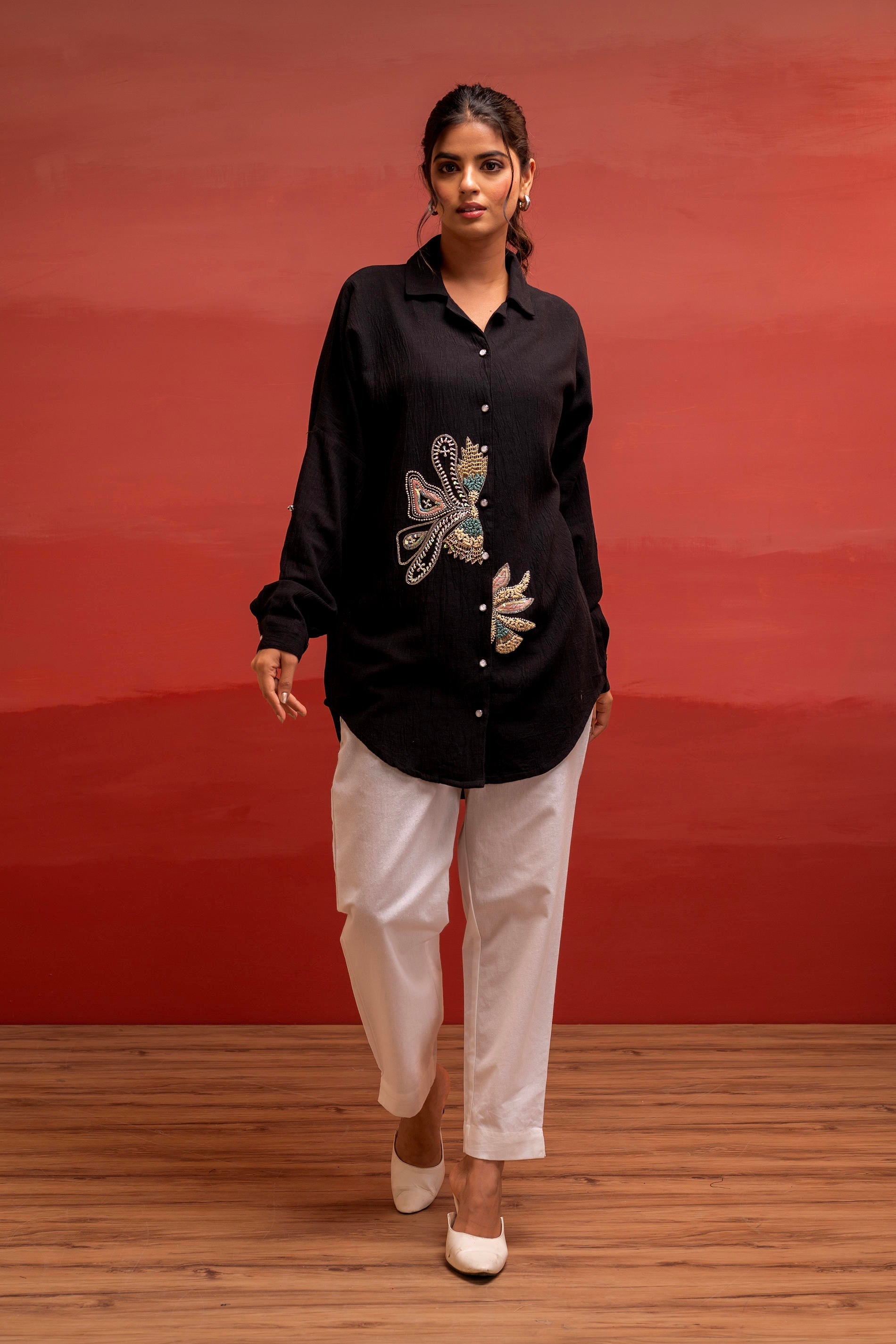 Juniper Black Solid Viscose Shirt With Beads, Sequence, And Thread Work