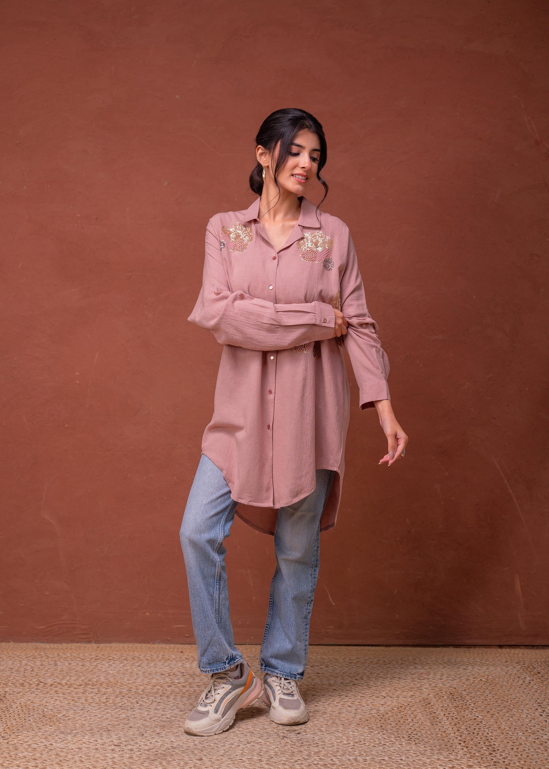 Juniper Viscose Linen Dusty Pink Embellished Shirt With Sequin & Bead Details