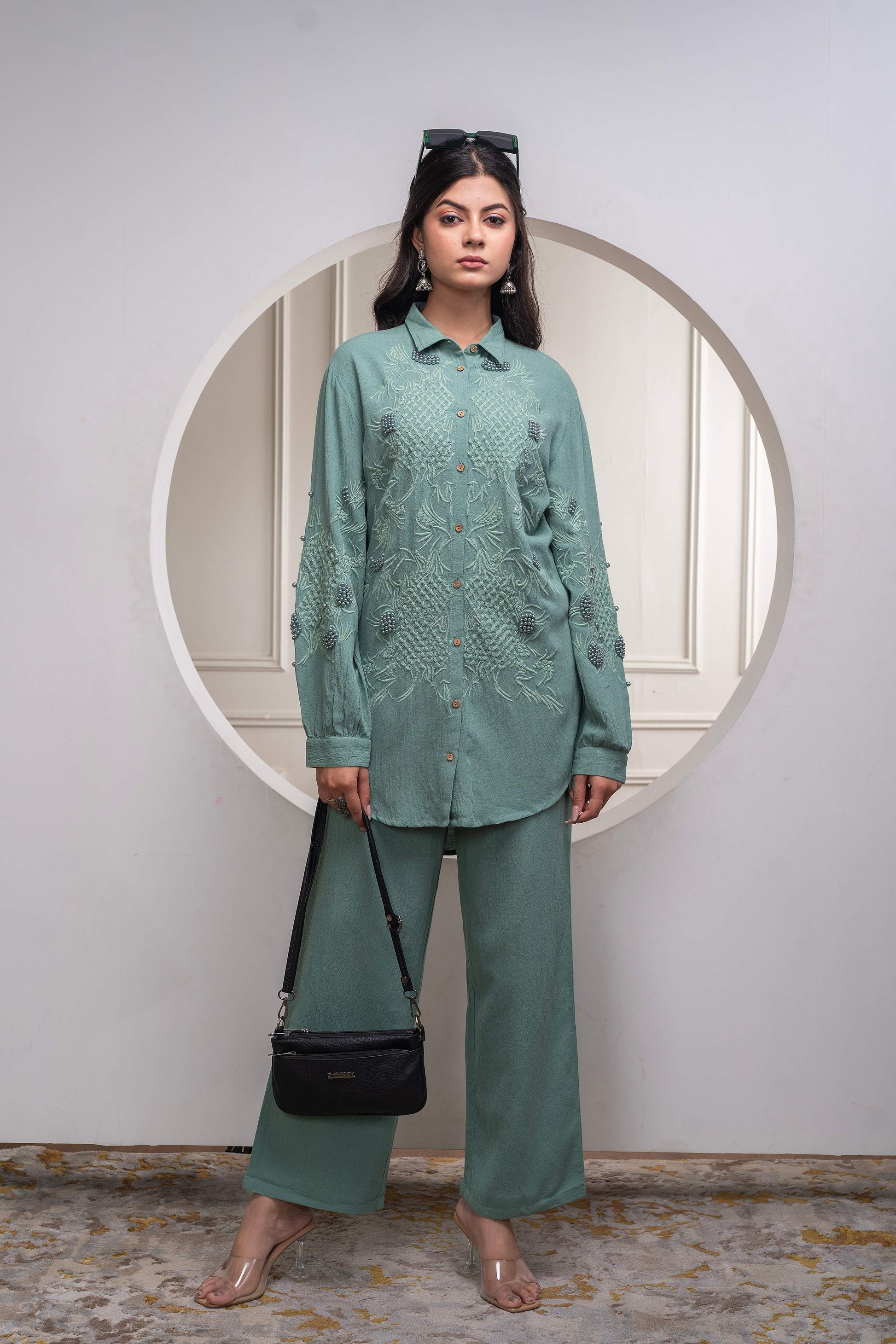 Juniper Sage Green Embellished Viscose Co-Ord Set With Bead Details 