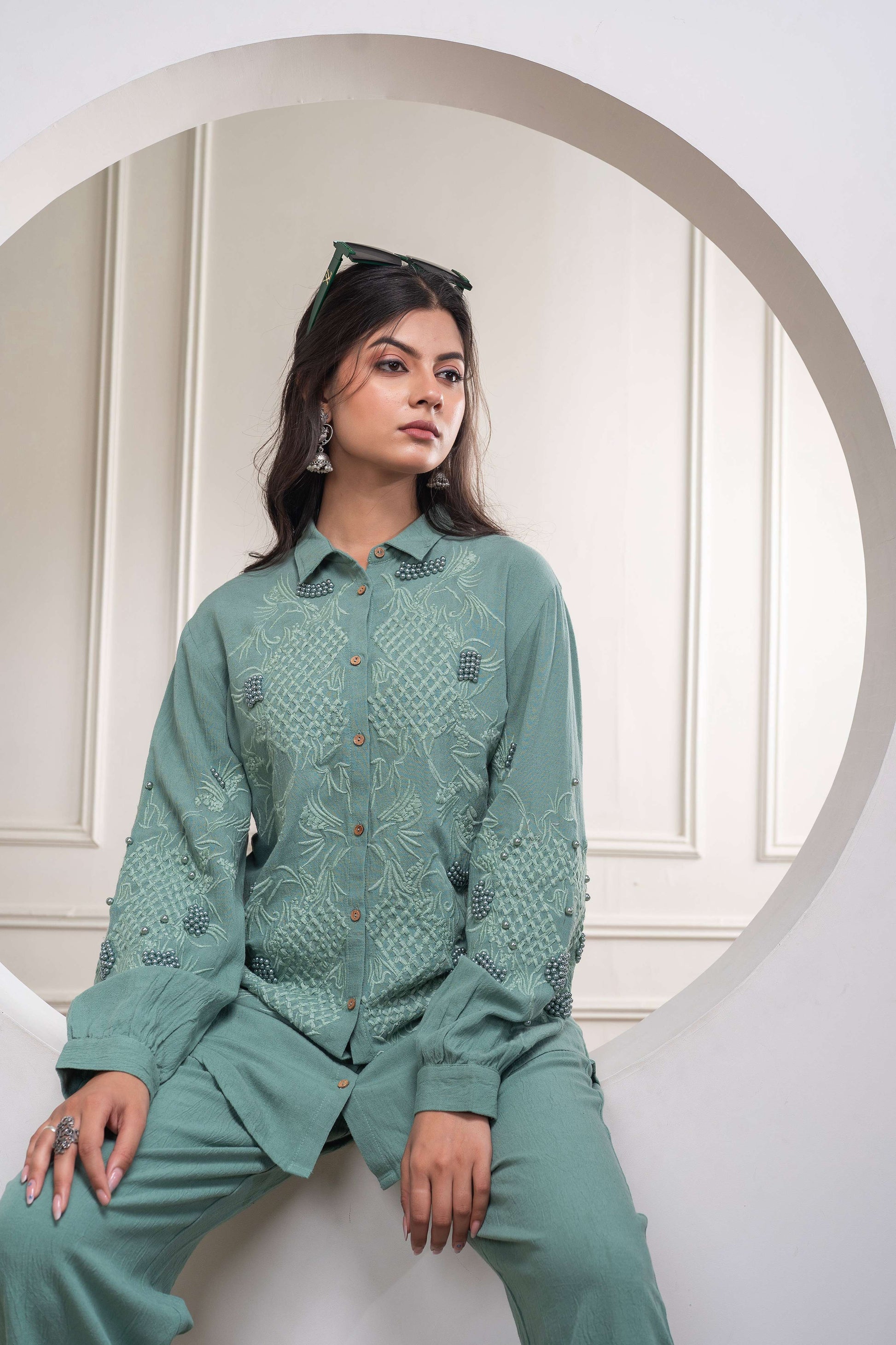 Juniper Sage Green Embellished Viscose Co-Ord Set With Bead Details 