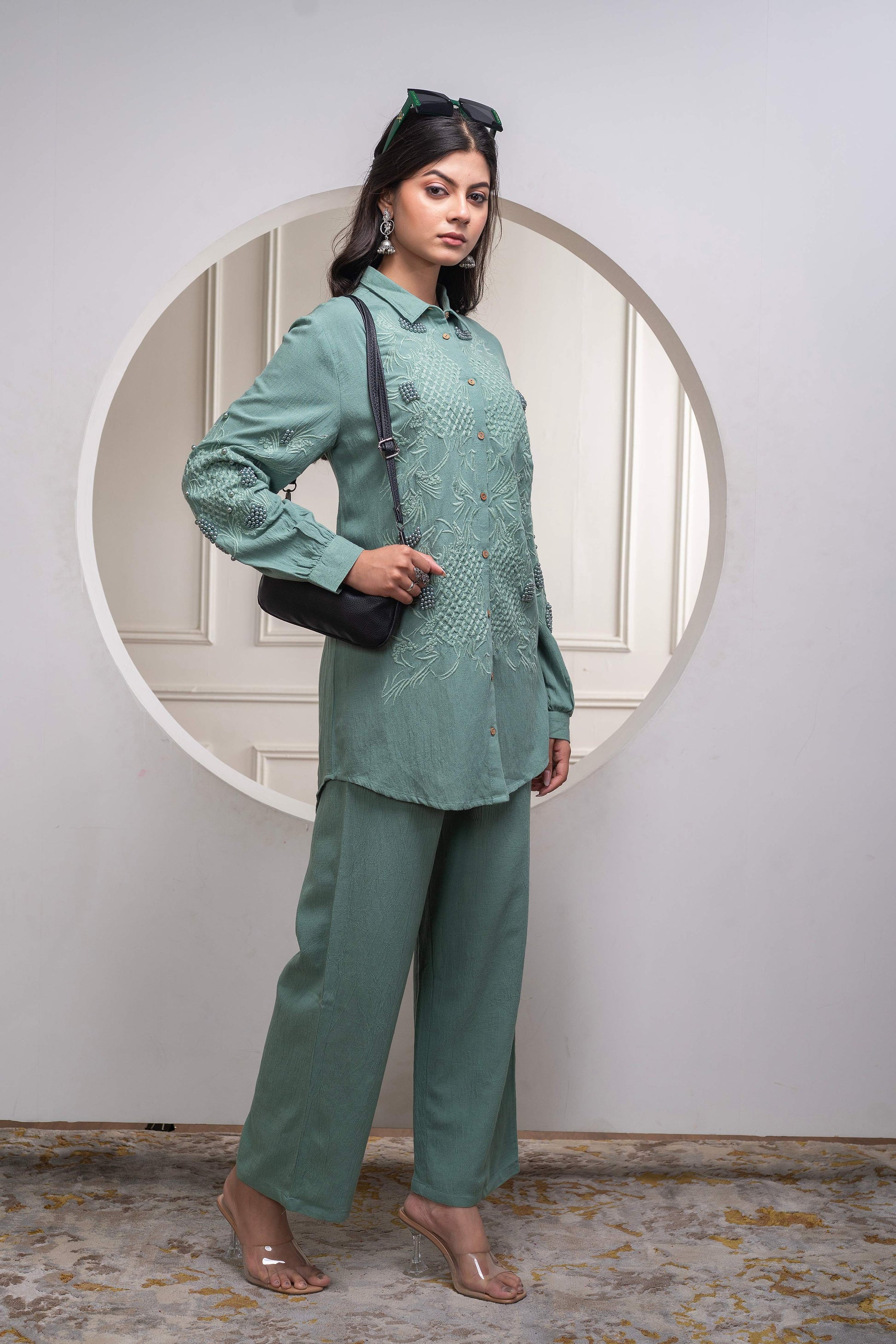 Juniper Sage Green Embellished Viscose Co-Ord Set With Bead Details 