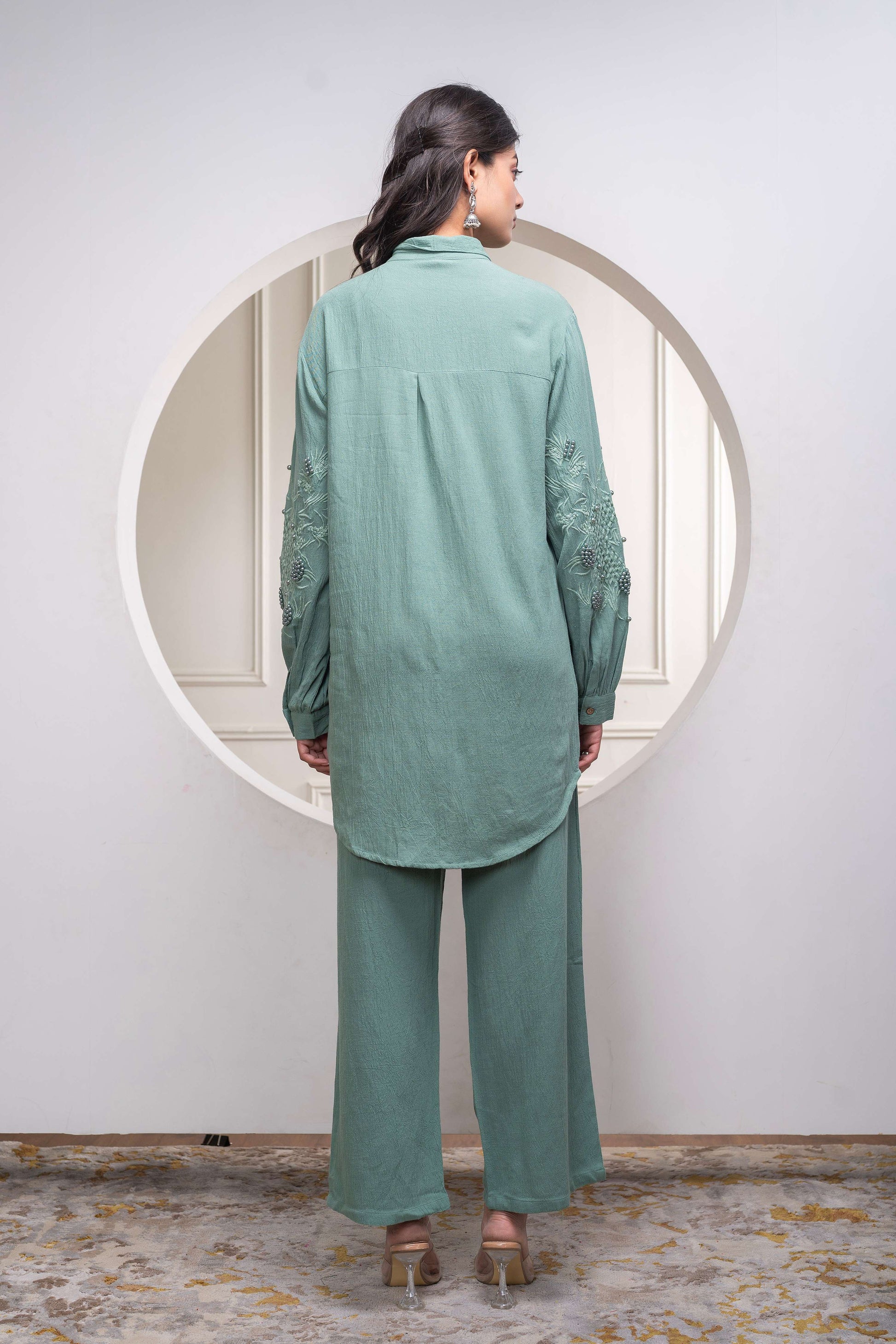 Juniper Sage Green Embellished Viscose Co-Ord Set With Bead Details 