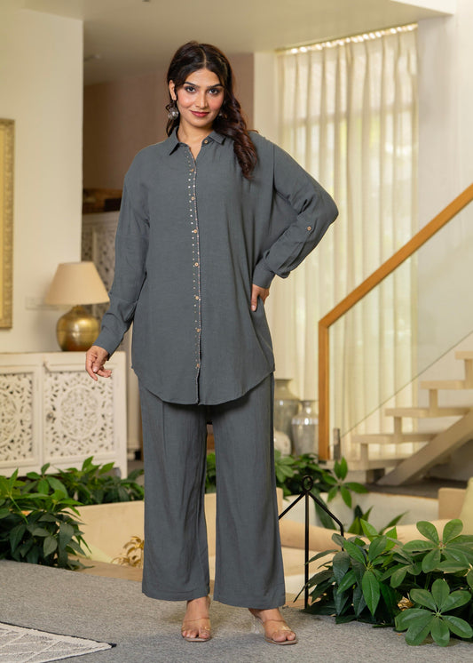 Juniper Grey Embellished Viscose-Linen Co-Ord Set With Sequin Detailing 