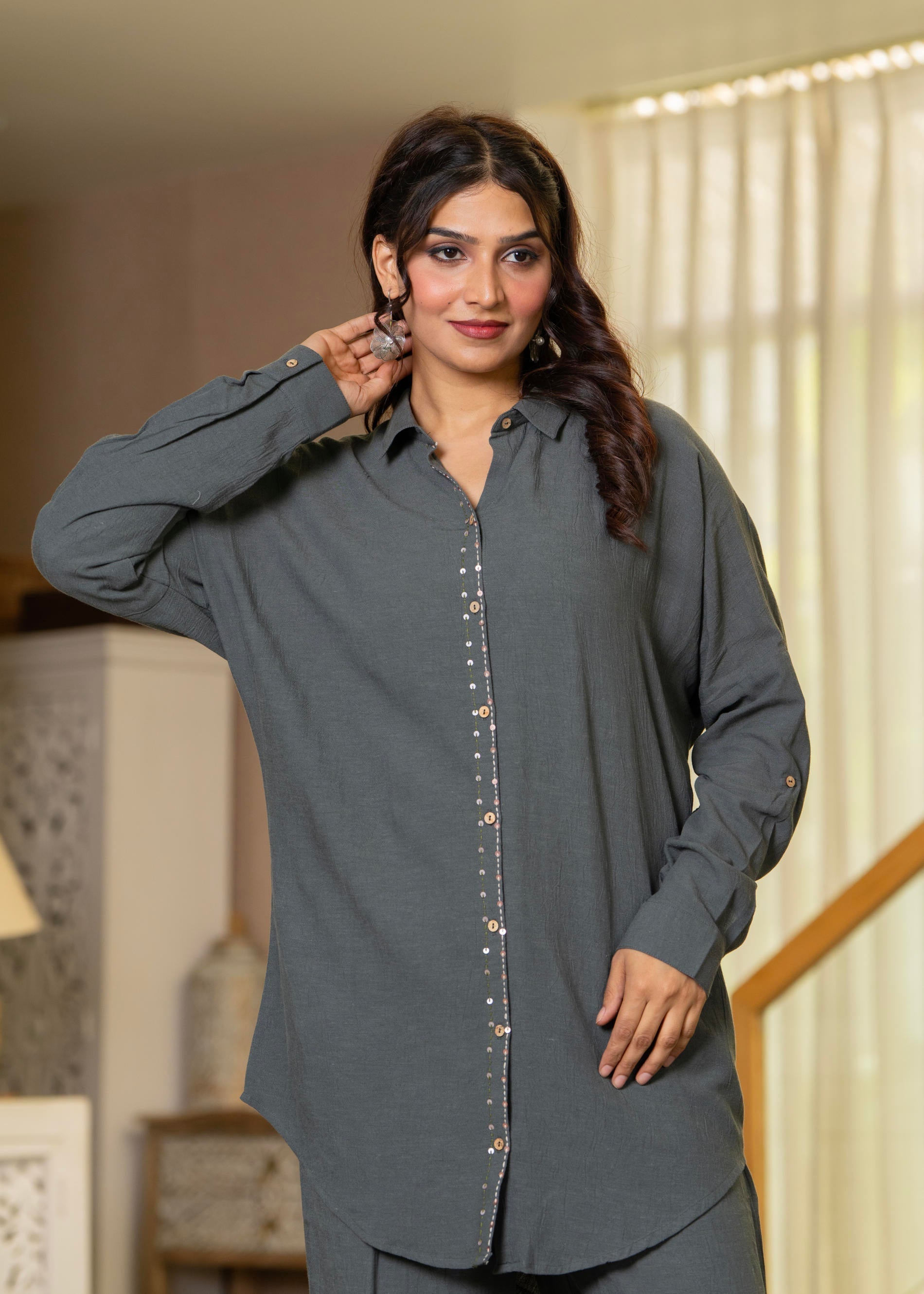 Juniper Grey Embellished Viscose-Linen Co-Ord Set With Sequin Detailing 