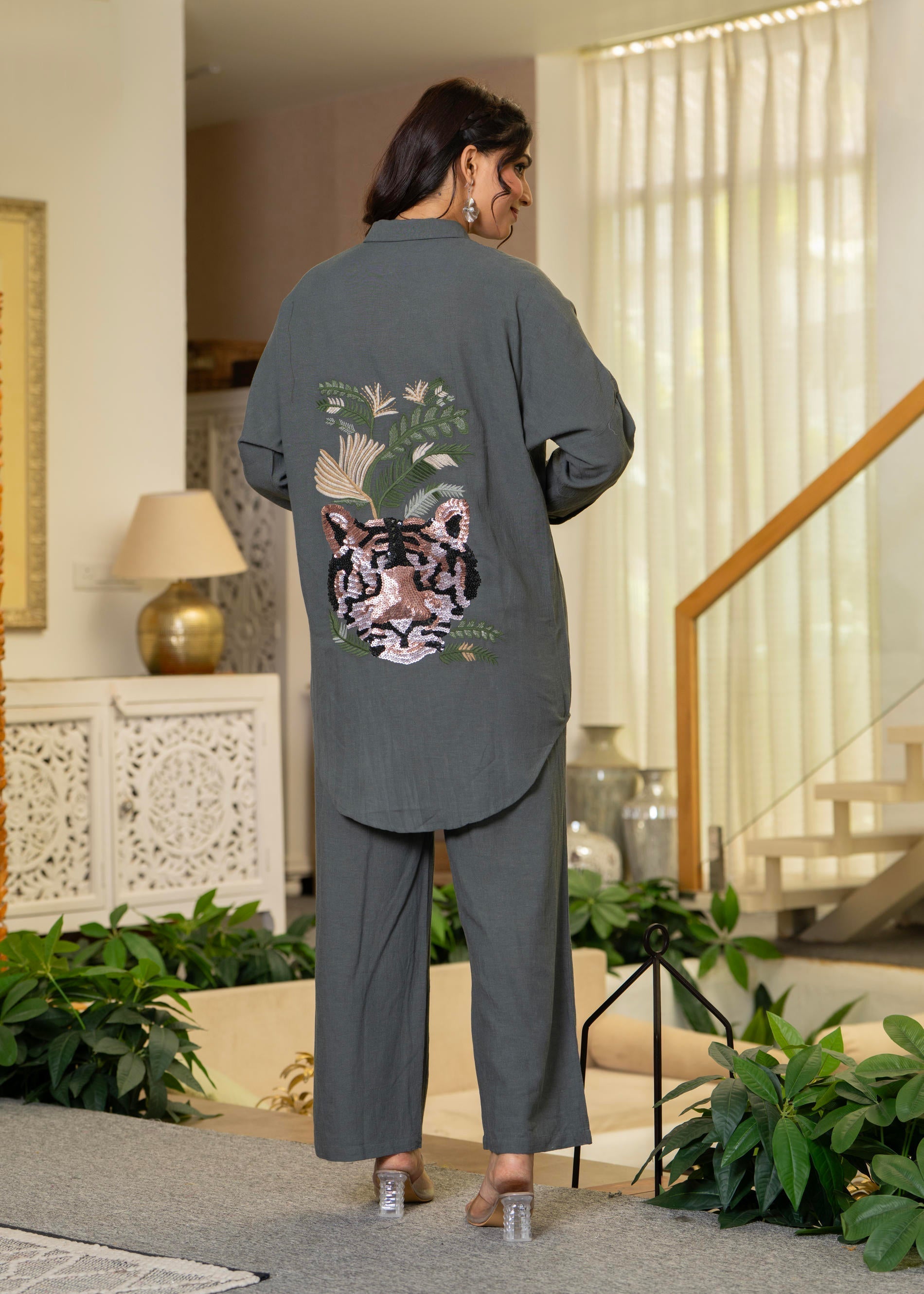 Juniper Grey Embellished Viscose-Linen Co-Ord Set With Sequin Detailing 