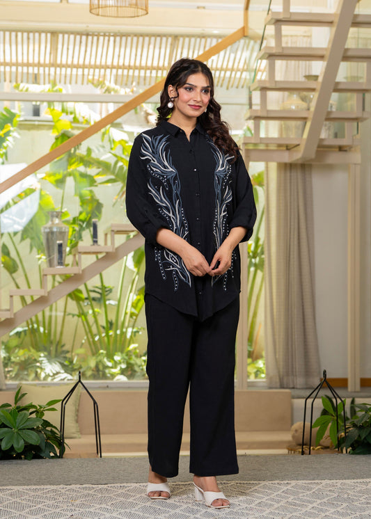 Juniper Black Embroidered Viscose Co-Ord Set With Beads & Sequin Highlights 