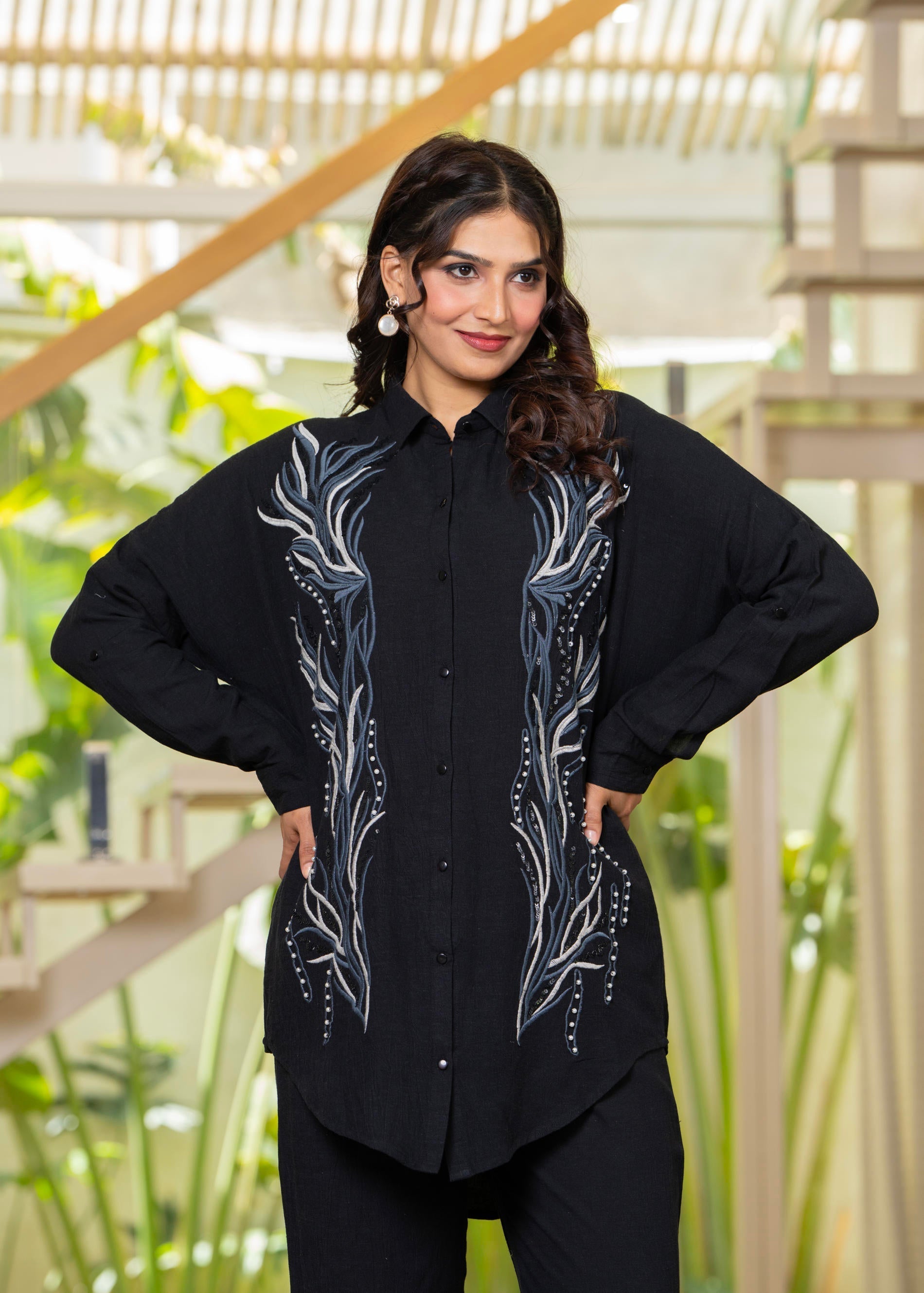 Juniper Black Embroidered Viscose Co-Ord Set With Beads & Sequin Highlights 