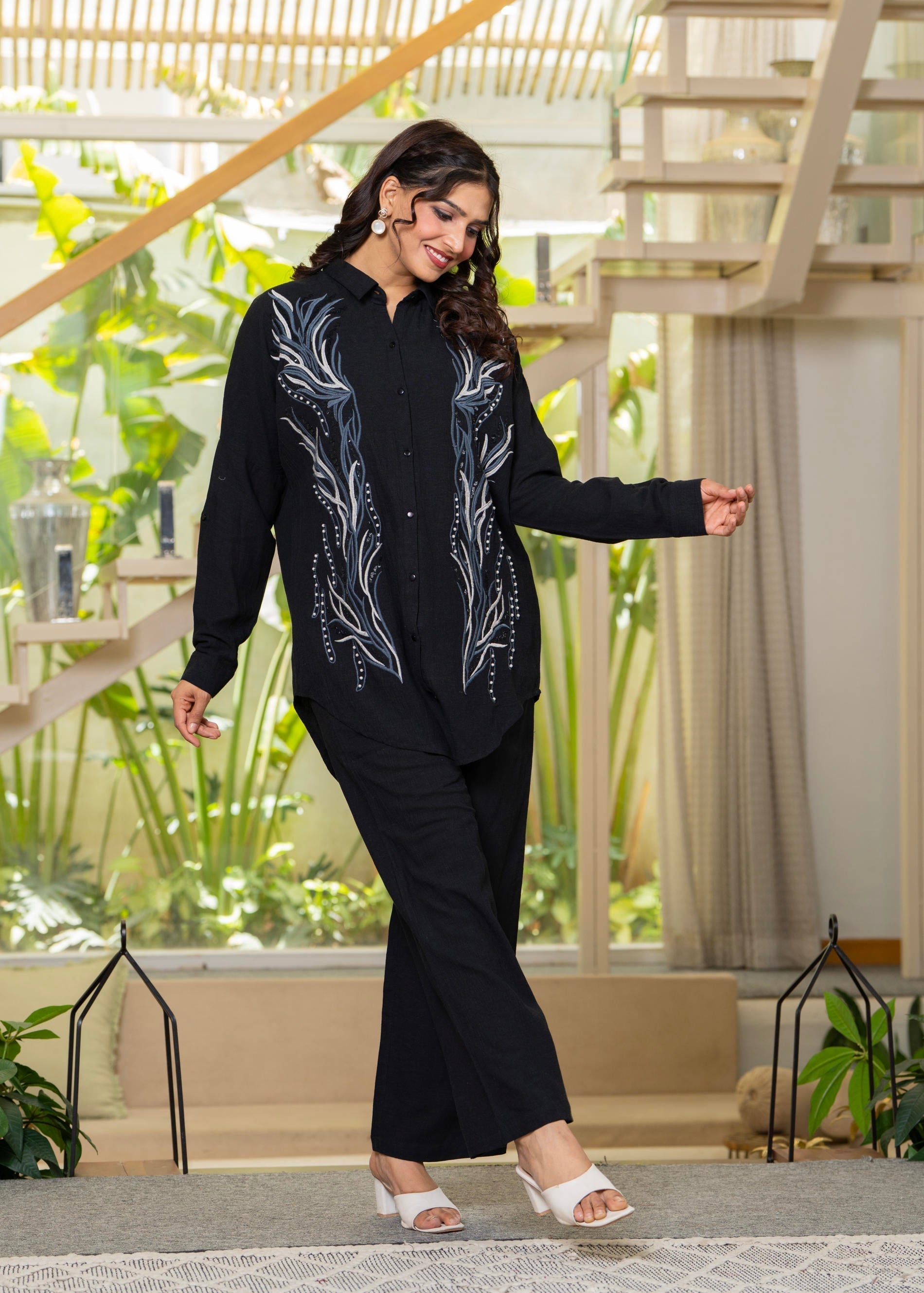 Juniper Black Embroidered Viscose Co-Ord Set With Beads & Sequin Highlights 