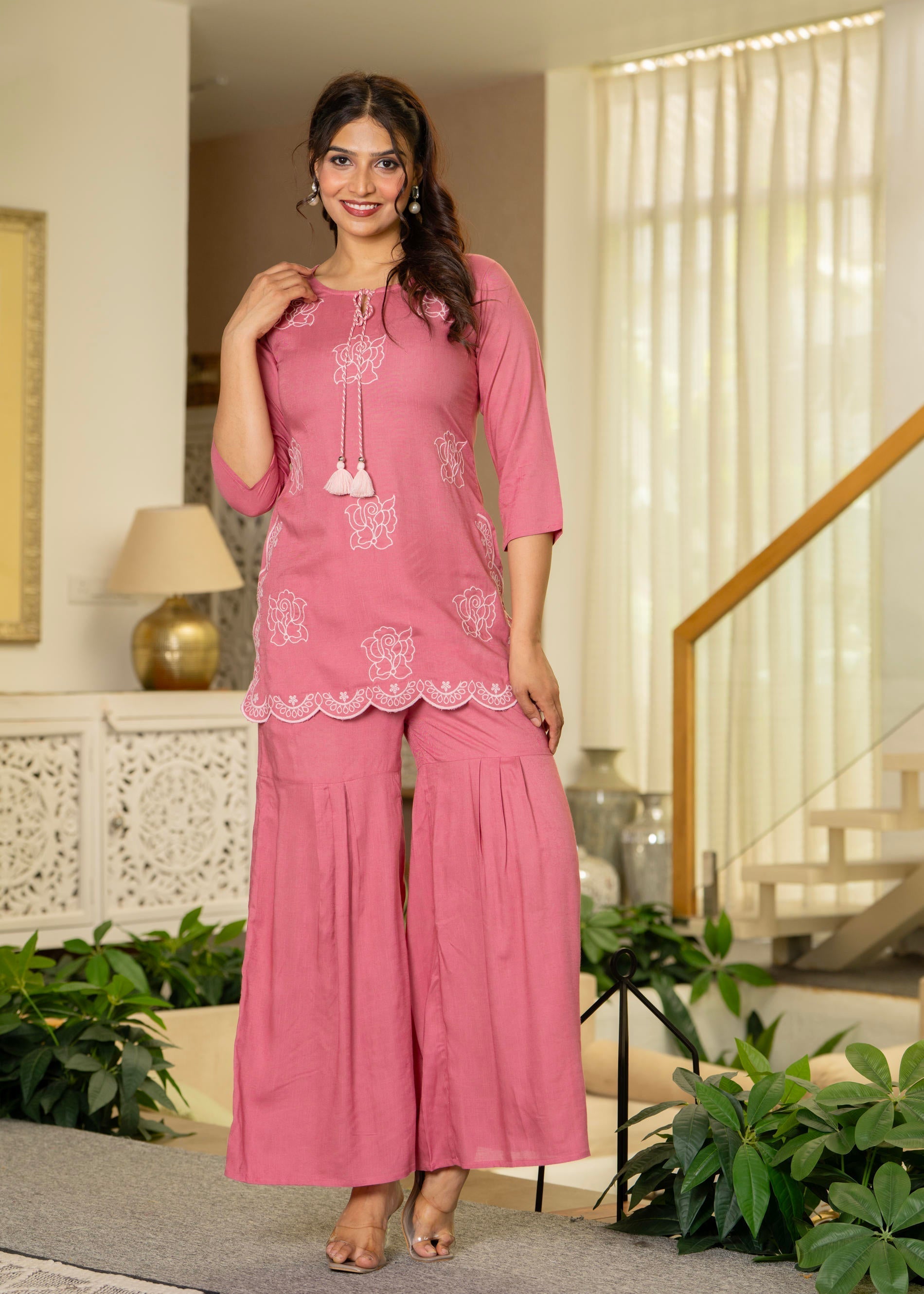 Juniper Dusty Pink Solid Viscose Tunic And Pants Co-Ord Set With Thread Work And Sequence 