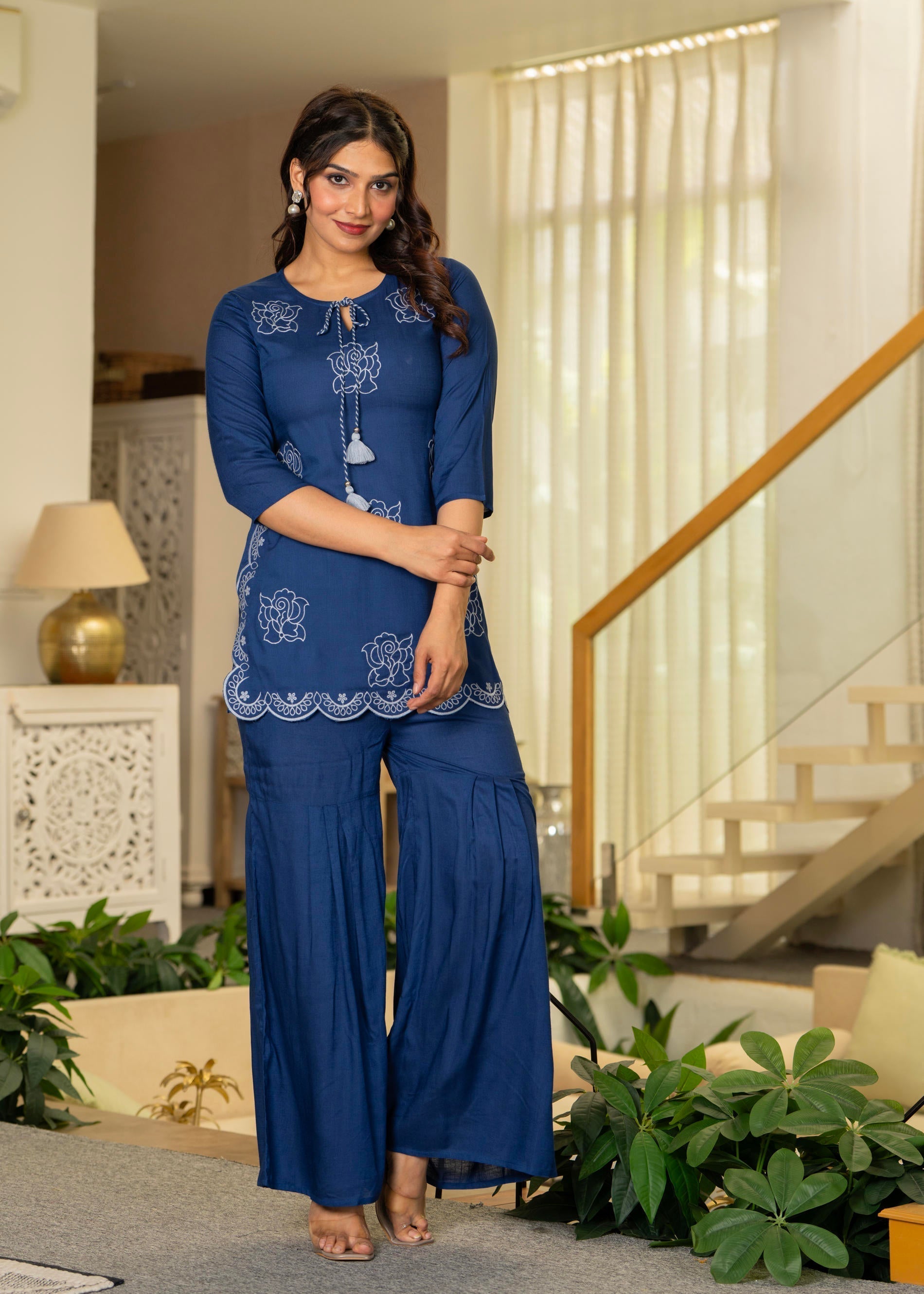 Juniper Navy Solid Viscose Tunic And Pants Co-Ord Set With Thread Work And Sequence 