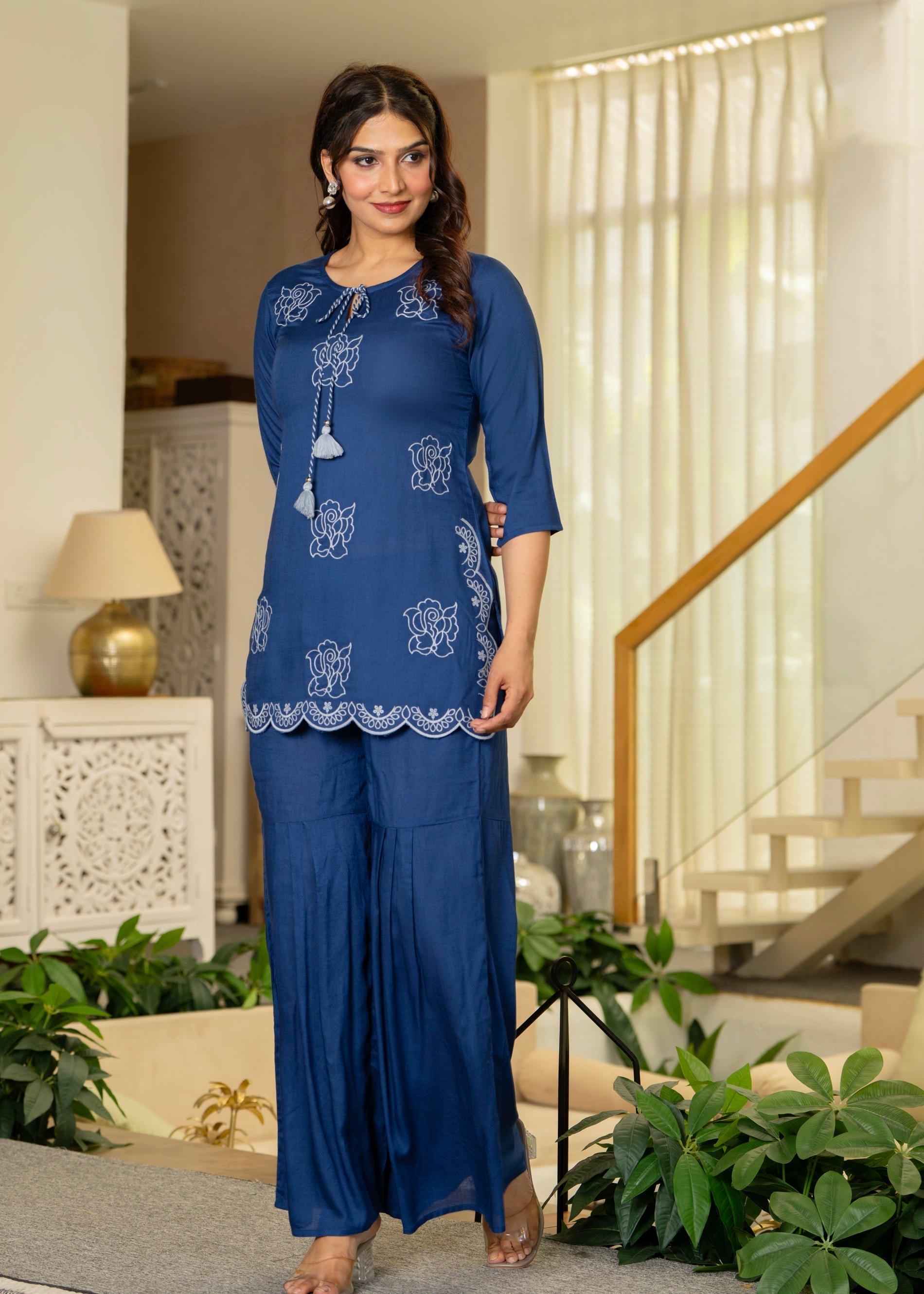 Juniper Navy Solid Viscose Tunic And Pants Co-Ord Set With Thread Work And Sequence 