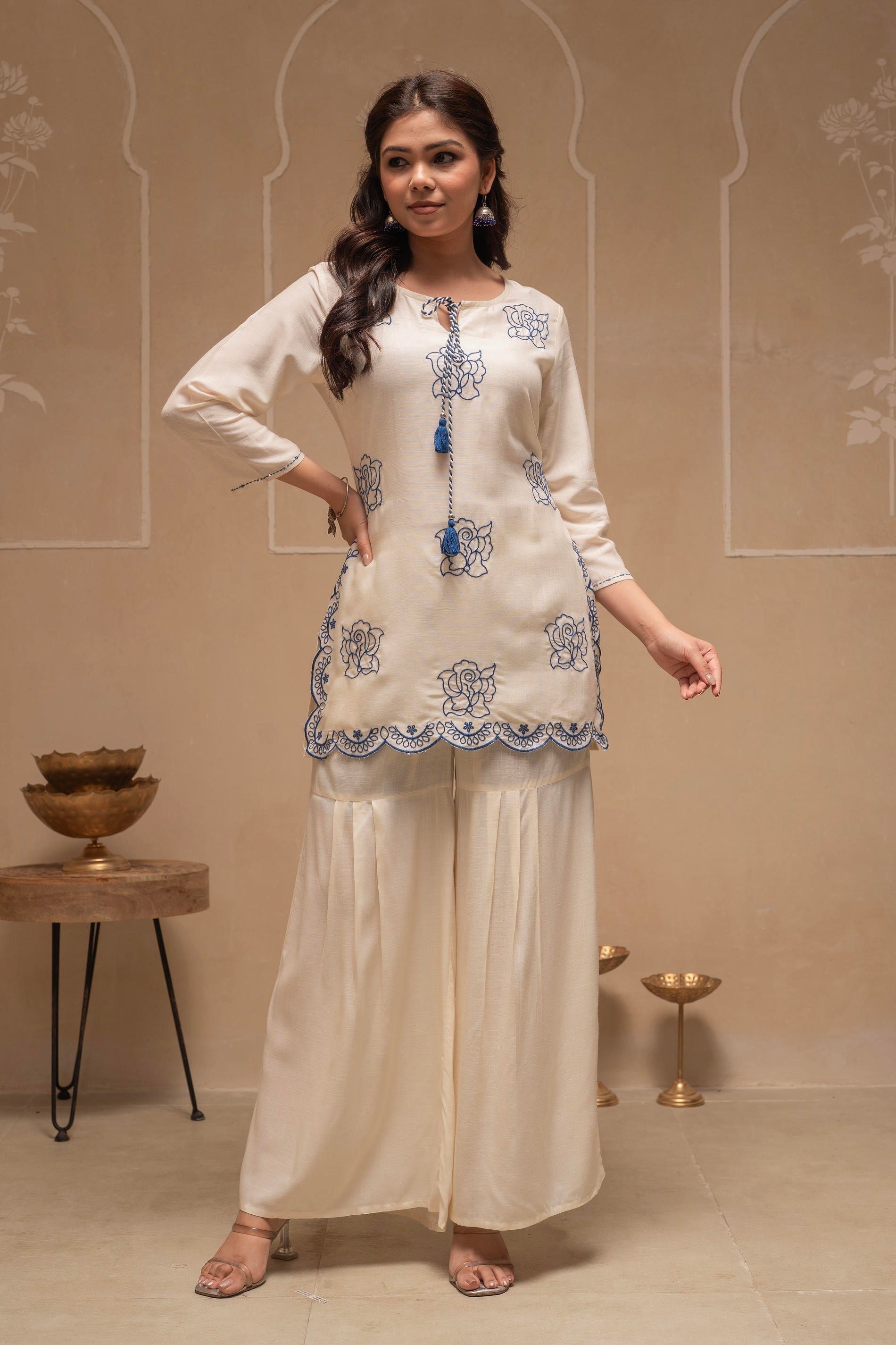 Juniper Off White Solid Viscose Tunic And Pants Co-Ord Set With Thread Work And Sequence 
