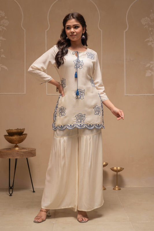 Juniper Off White Solid Viscose Tunic And Pants Co-Ord Set With Thread Work And Sequence 