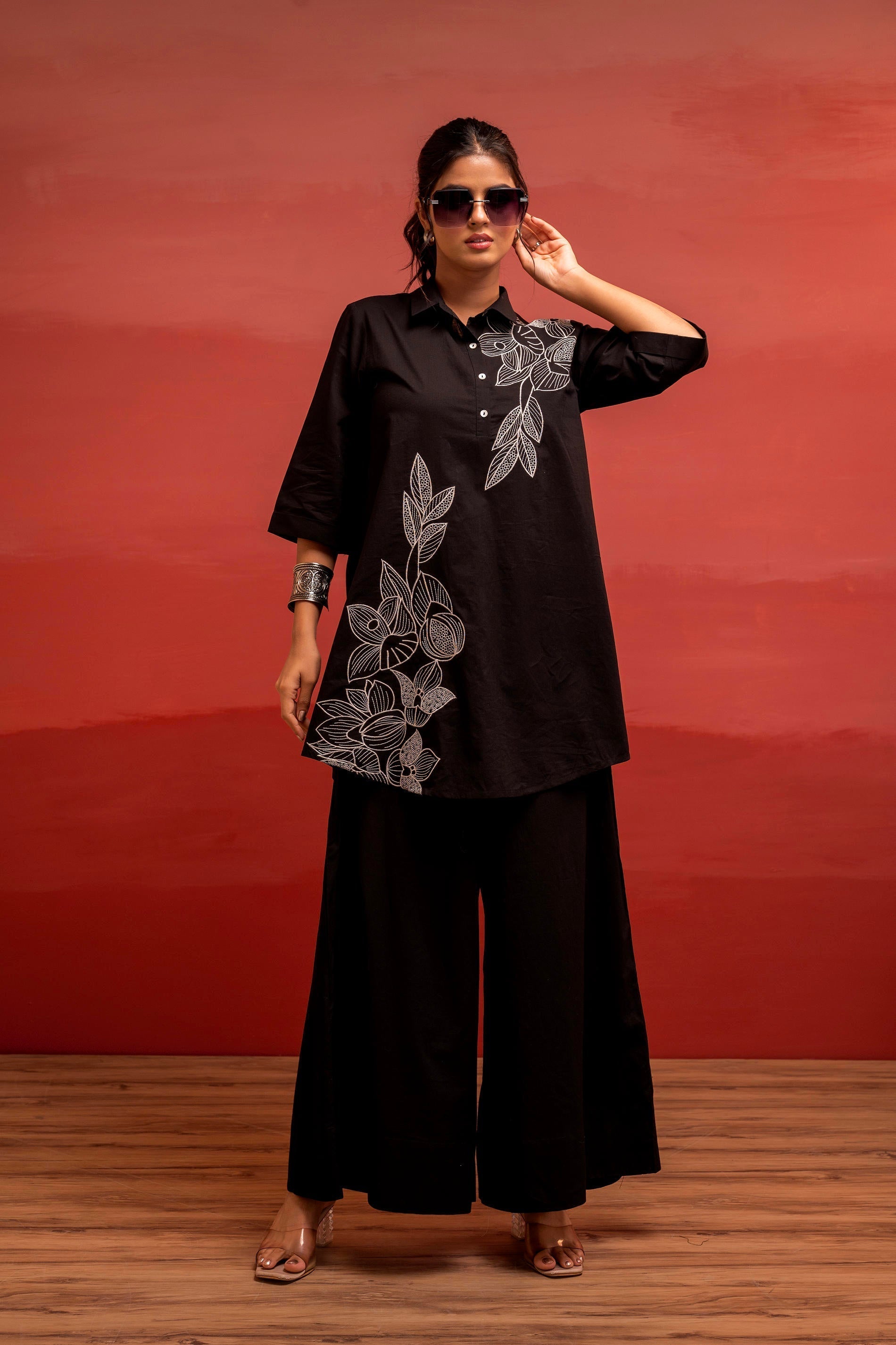Juniper Black Solid Cotton Shirt And Pants Co-Ord Set With Thread Work
