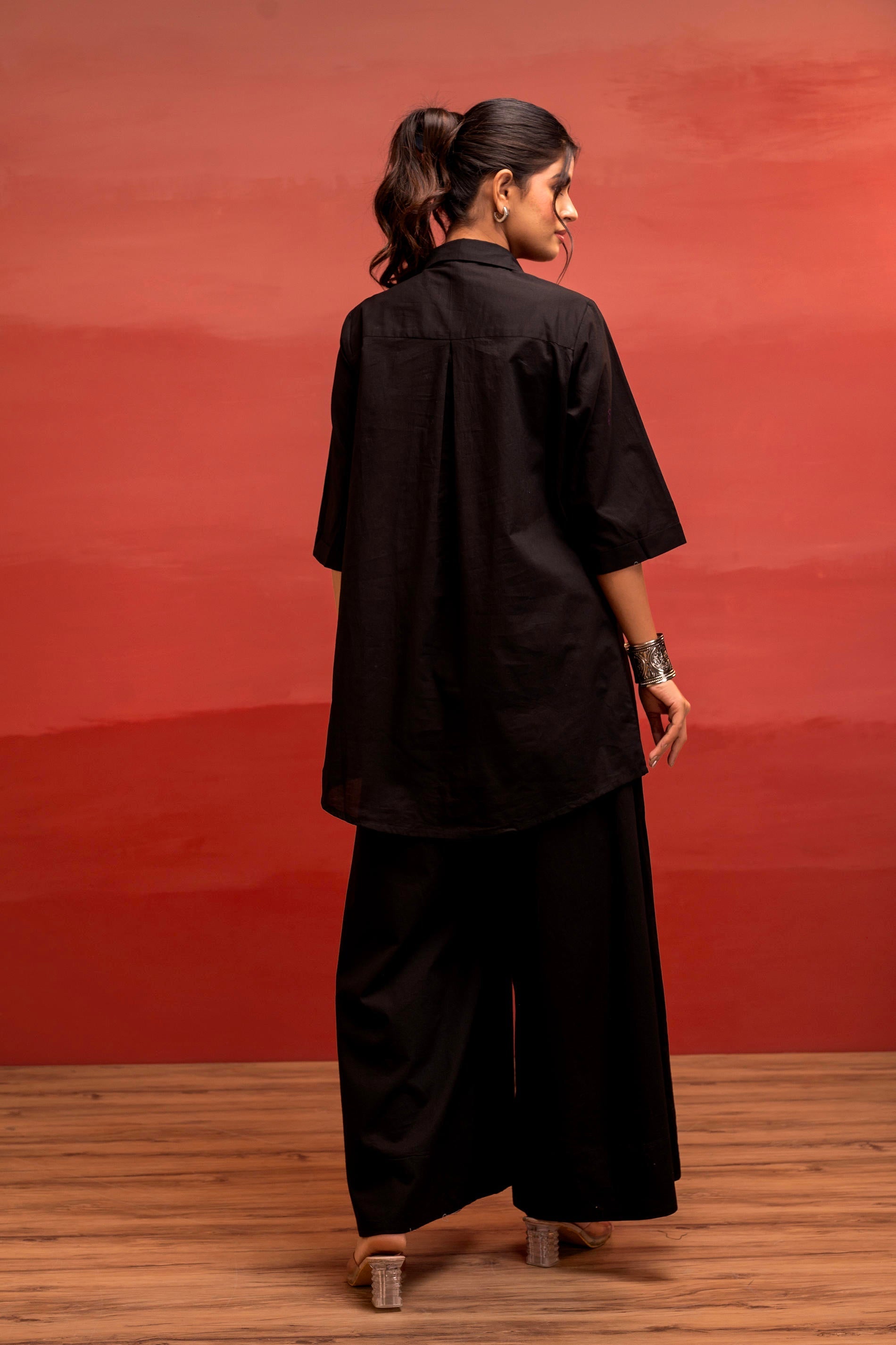 Juniper Black Solid Cotton Shirt And Pants Co-Ord Set With Thread Work