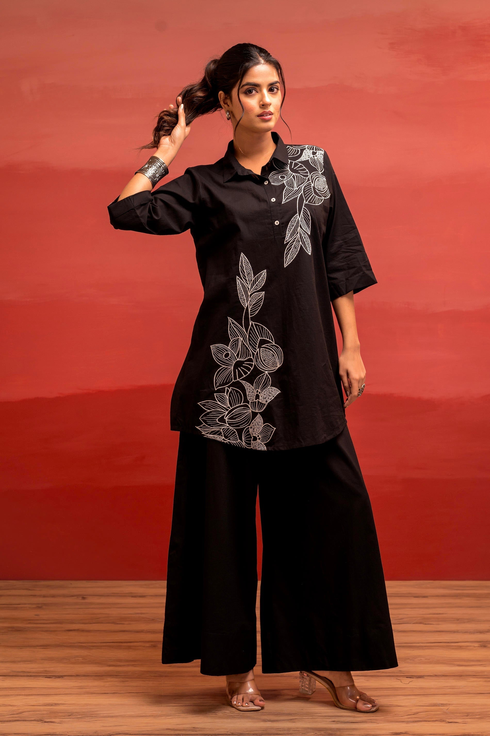 Juniper Black Solid Cotton Shirt And Pants Co-Ord Set With Thread Work