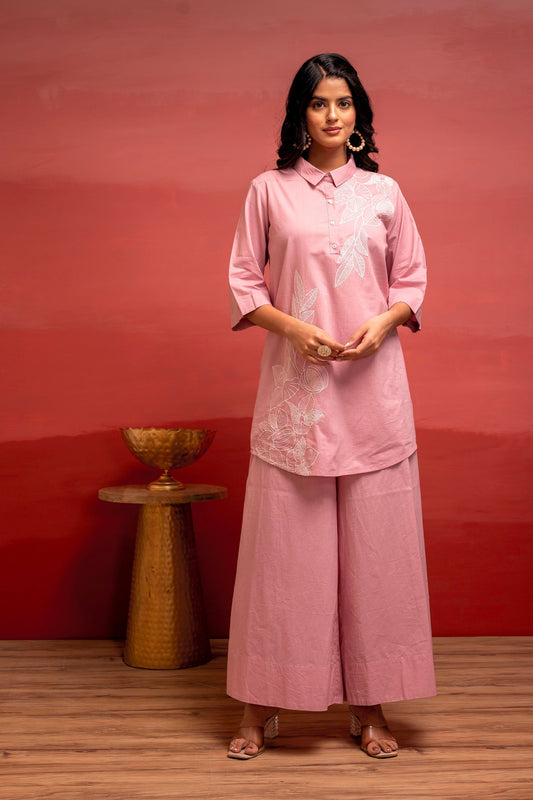 Juniper Onionpink Solid Cotton Shirt And Pants Co-Ord Set With Thread Work