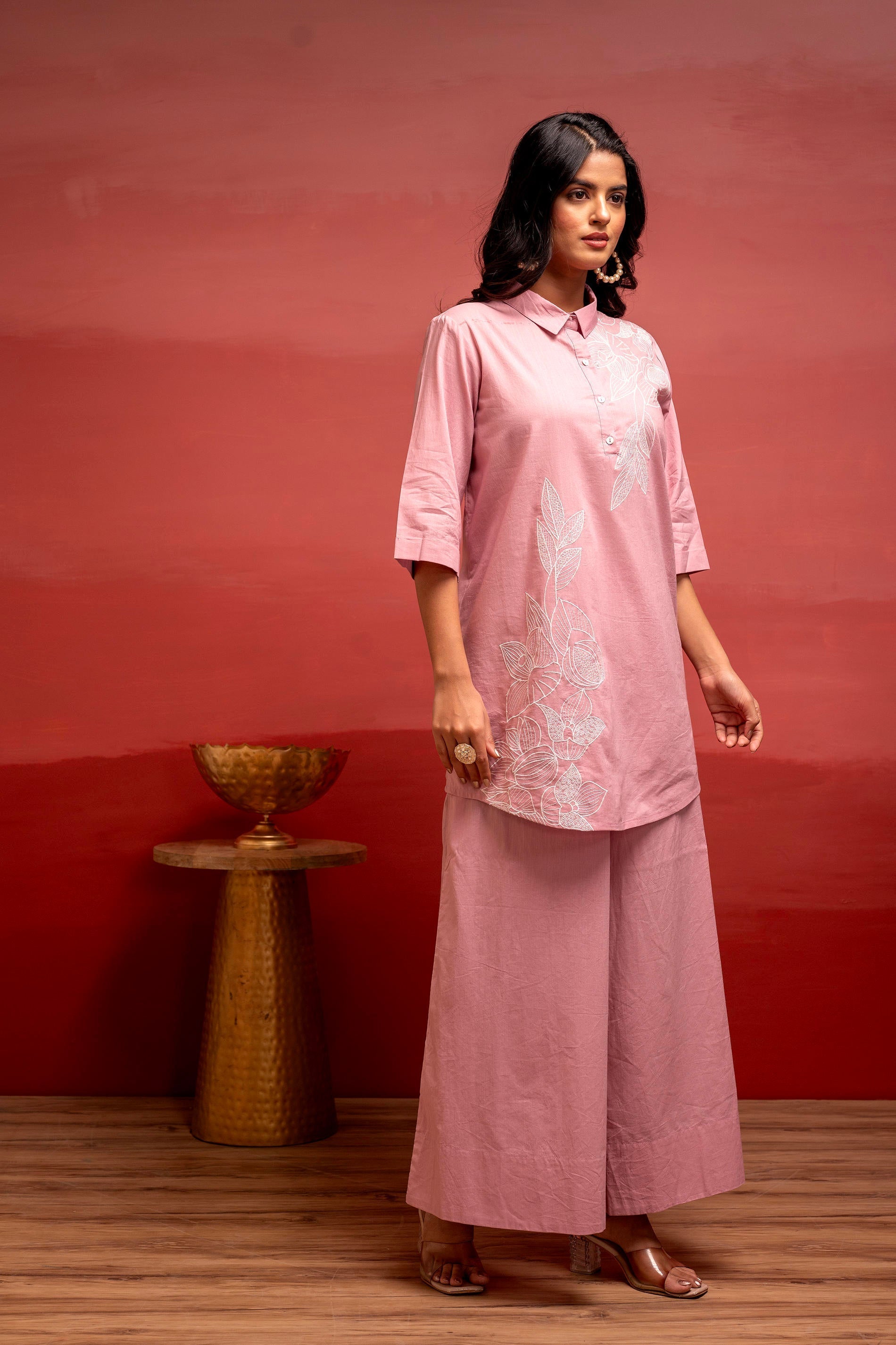 Juniper Onionpink Solid Cotton Shirt And Pants Co-Ord Set With Thread Work