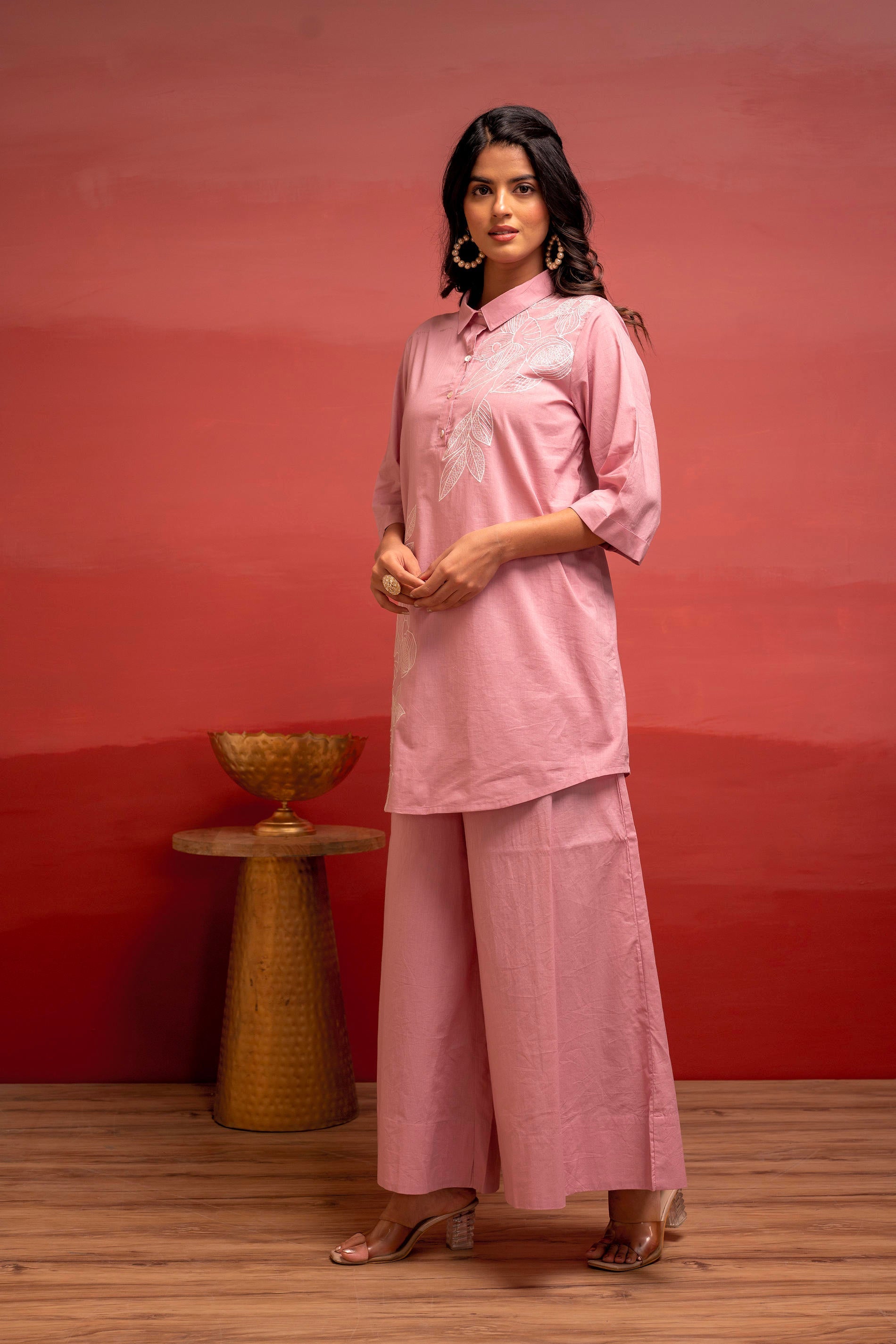 Juniper Onionpink Solid Cotton Shirt And Pants Co-Ord Set With Thread Work