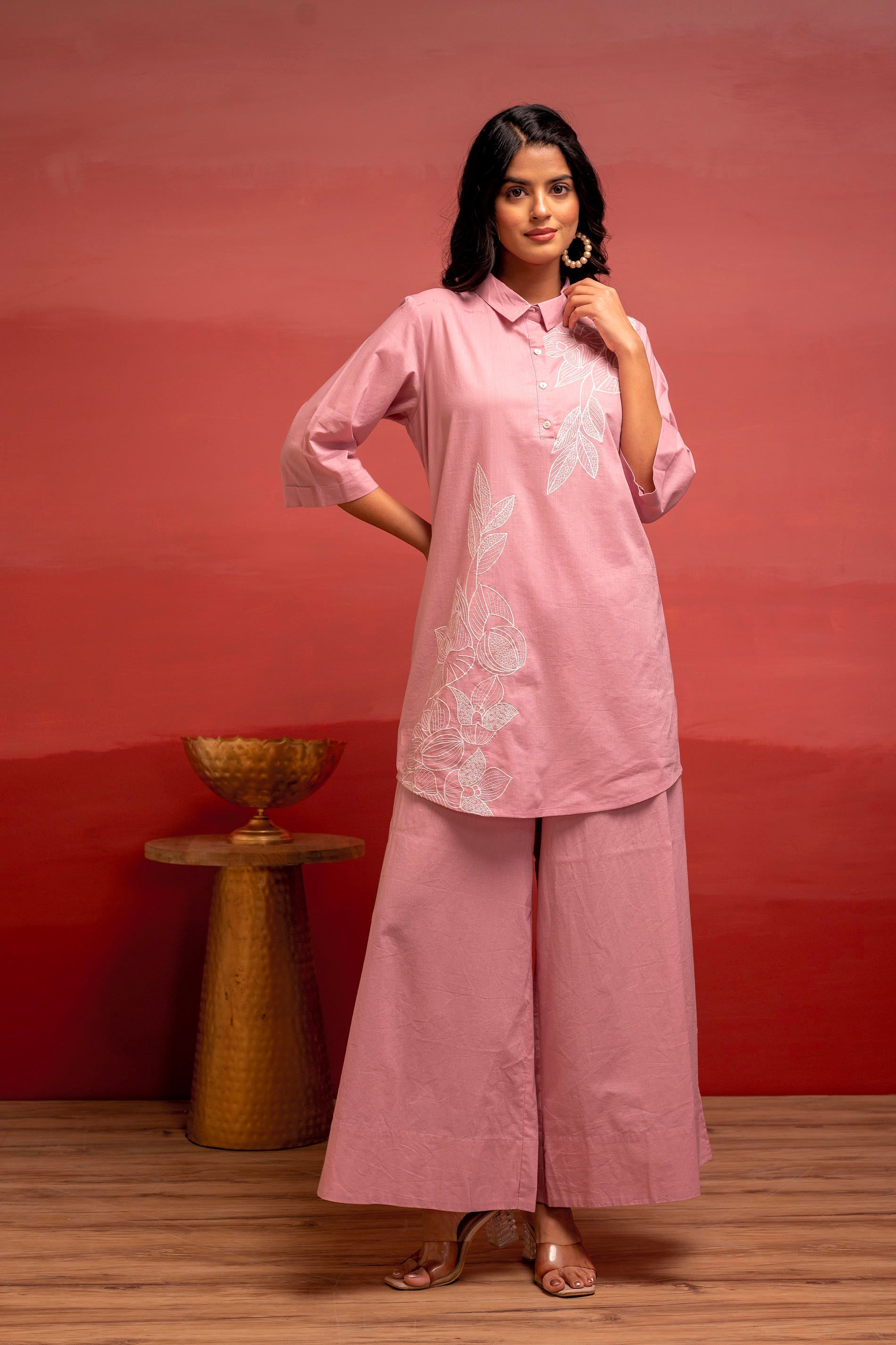 Juniper Onionpink Solid Cotton Shirt And Pants Co-Ord Set With Thread Work