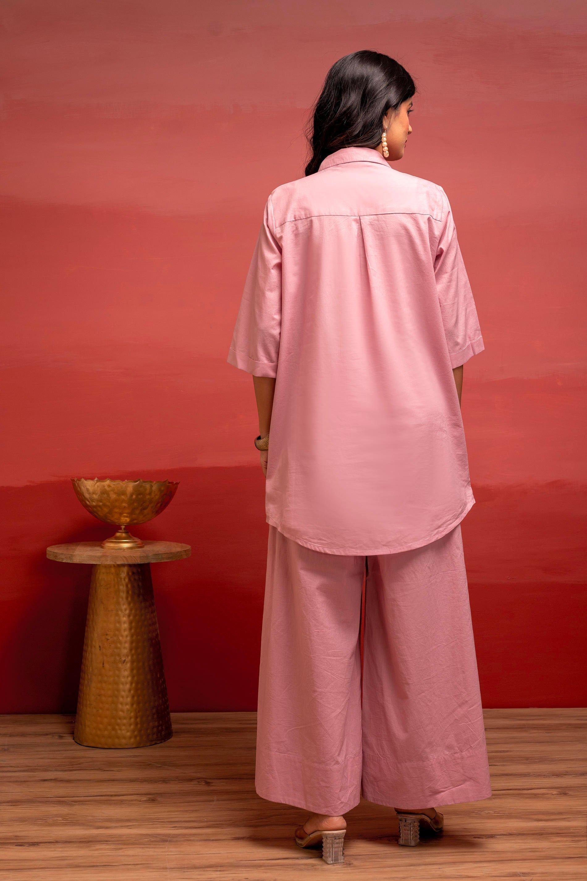 Juniper Onionpink Solid Cotton Shirt And Pants Co-Ord Set With Thread Work