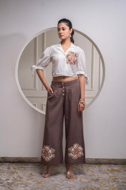 Juniper White & Brown Cotton-Viscose Embroidered Co-Ord Set With Thread Work & Lace 