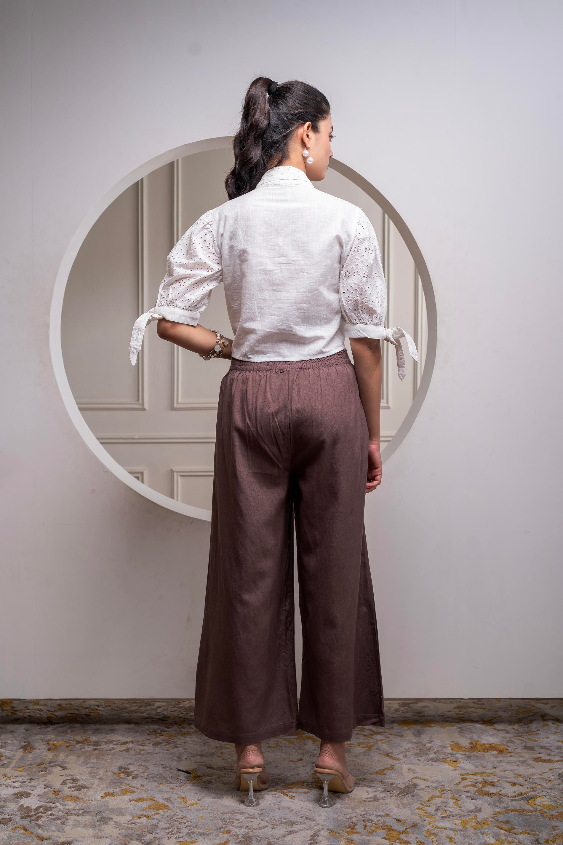 Juniper White & Brown Cotton-Viscose Embroidered Co-Ord Set With Thread Work & Lace 