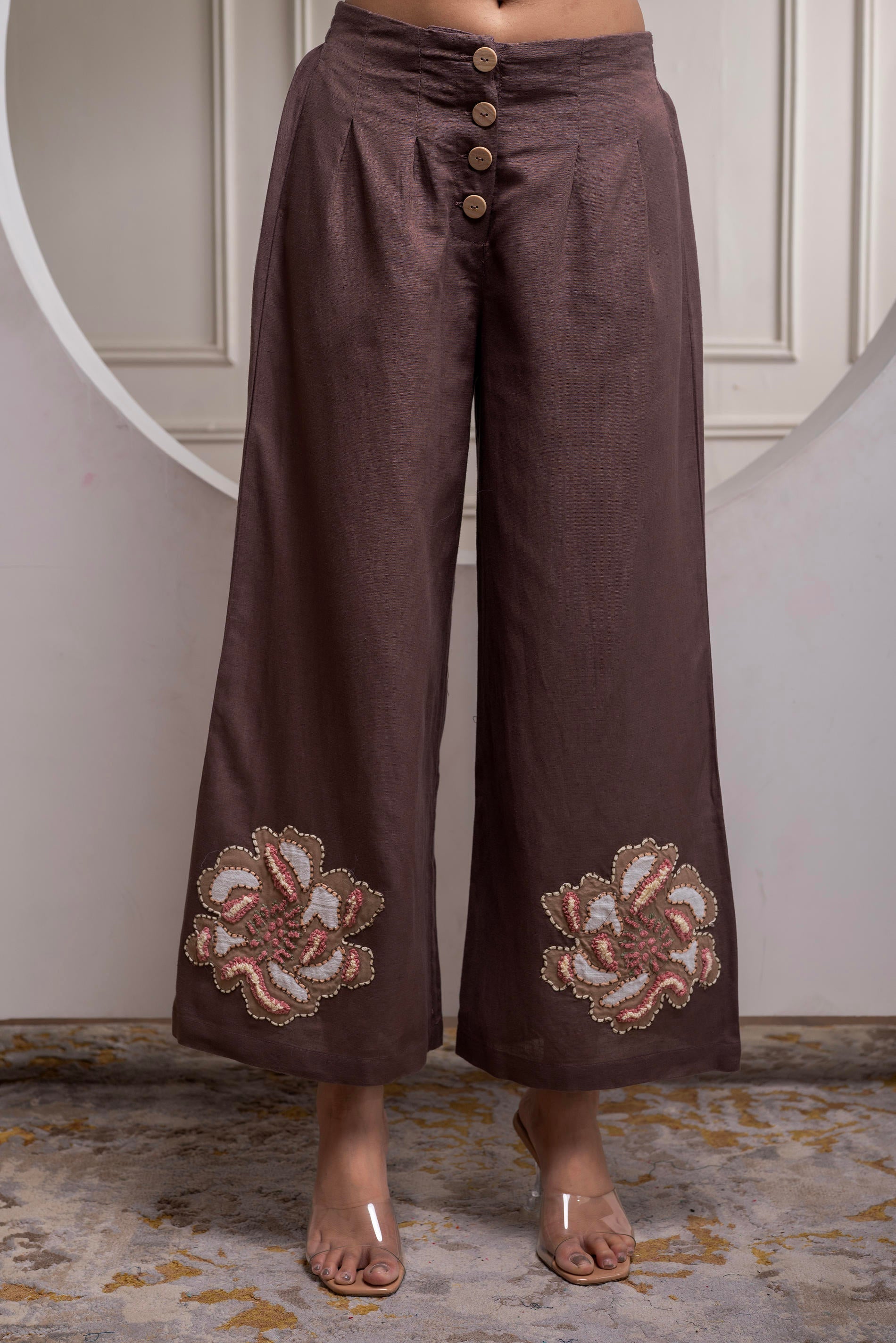 Juniper White & Brown Cotton-Viscose Embroidered Co-Ord Set With Thread Work & Lace 