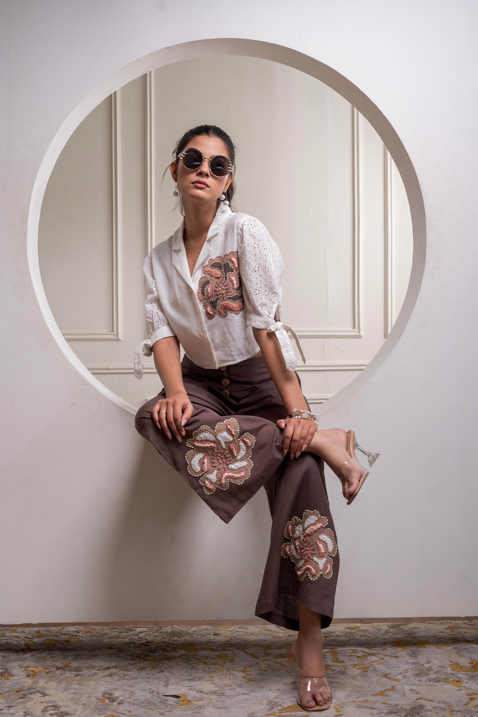 Juniper White & Brown Cotton-Viscose Embroidered Co-Ord Set With Thread Work & Lace 